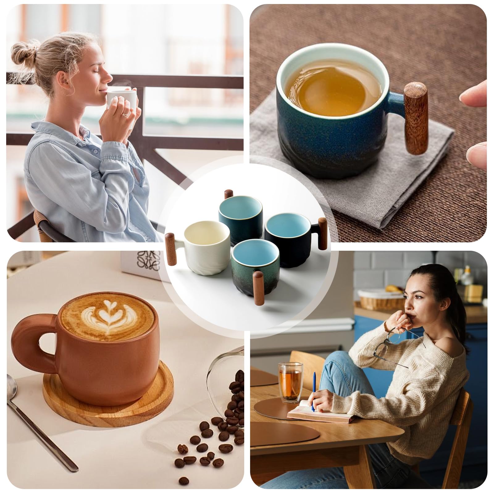 Tazas De Café Expresso 70ml – Juego De 4 Mini Tazas De Cerámica Con Mango De Madera, Ideales Para Café Con Leche, Té O Moka (Azul Y Verde)