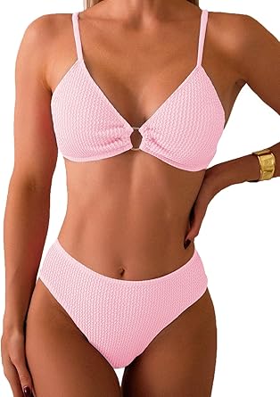 Fanuerg Womens Ribbed Triangle Bikini Sets O Ring Linked Two Piece Swimsuit Textured Cheeky Swim Bathing Suit