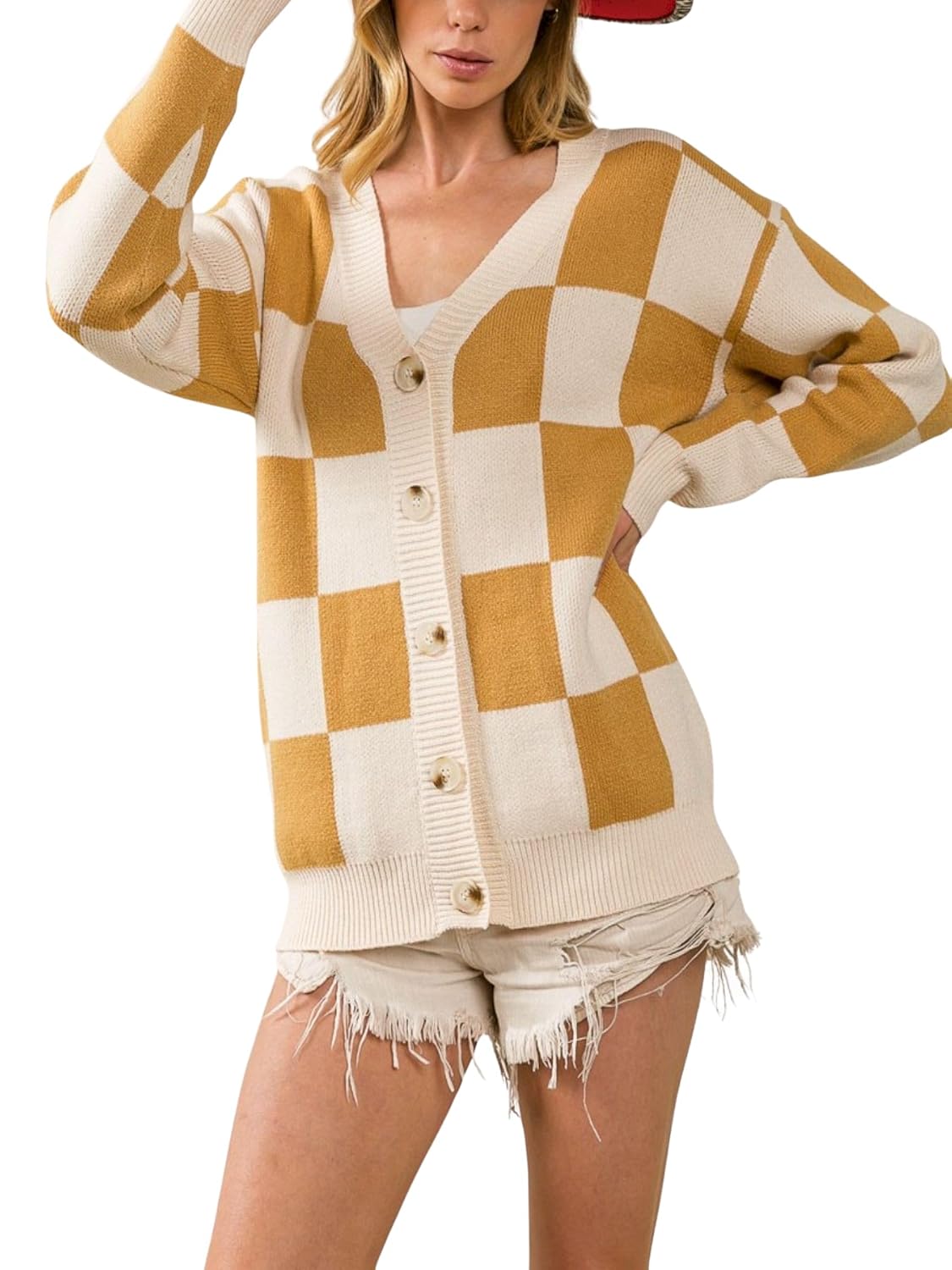 Womens Casual Cardigan Retro Checkered Pattern Knit Sweater Oversized Mustard Yellow White Block