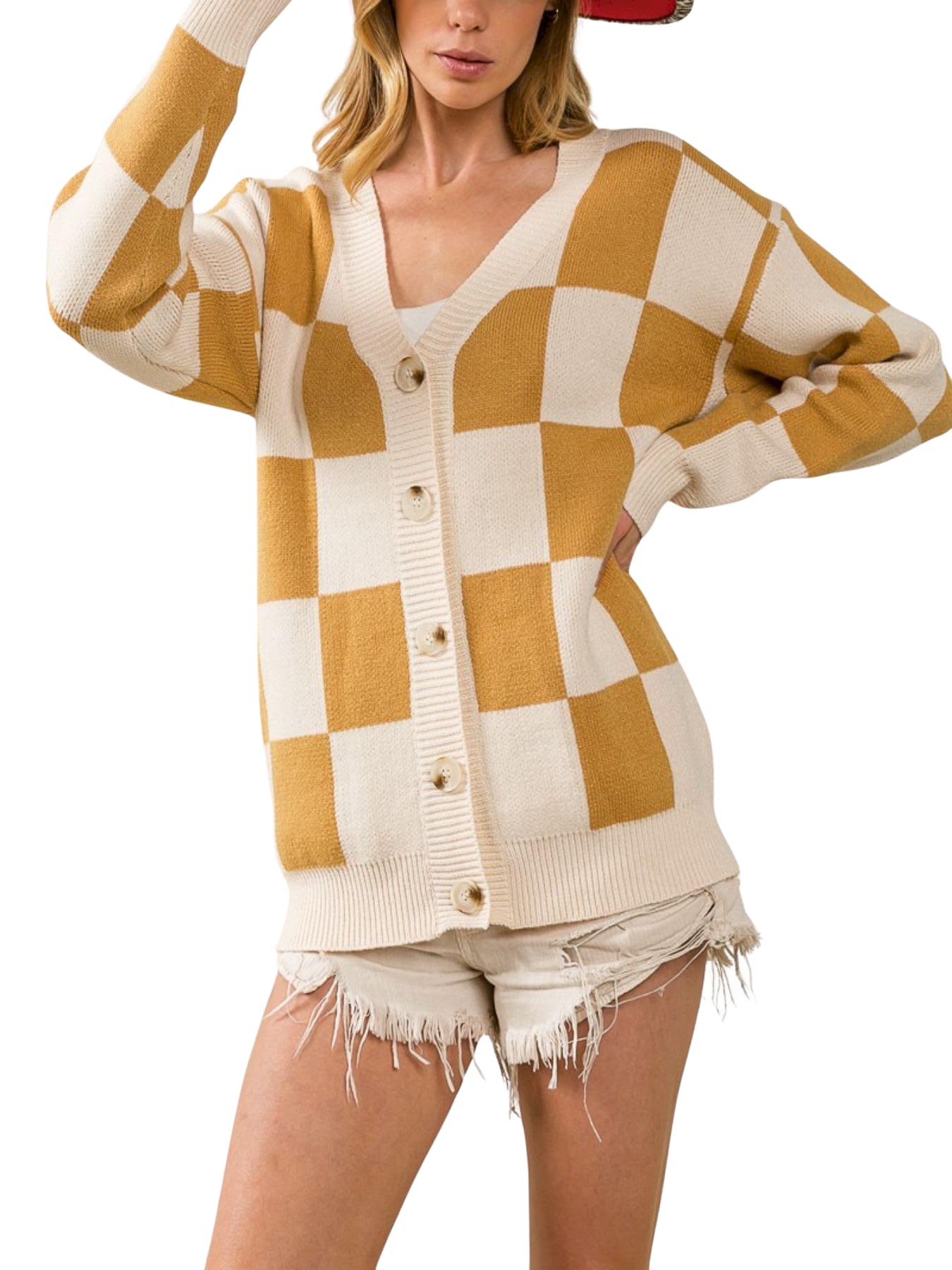 Womens Casual Cardigan Retro Checkered Pattern Knit Sweater Oversized Mustard Yellow White Block