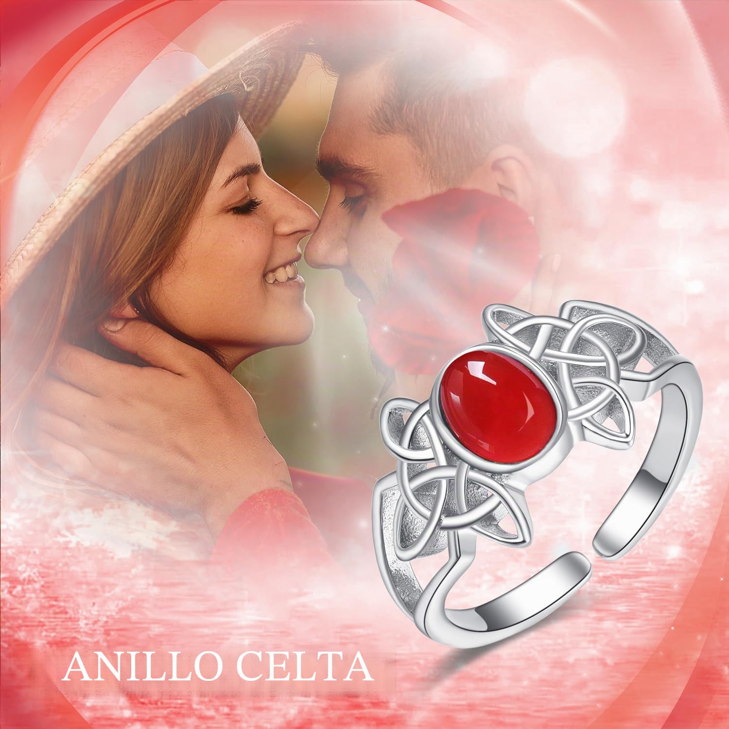 KINGWHYTE Anillo celta para mujer, plata de ley 925, ajustable, abierto, piedras preciosas naturales, regalo de cumpleaños para mujeres, niñas, madres