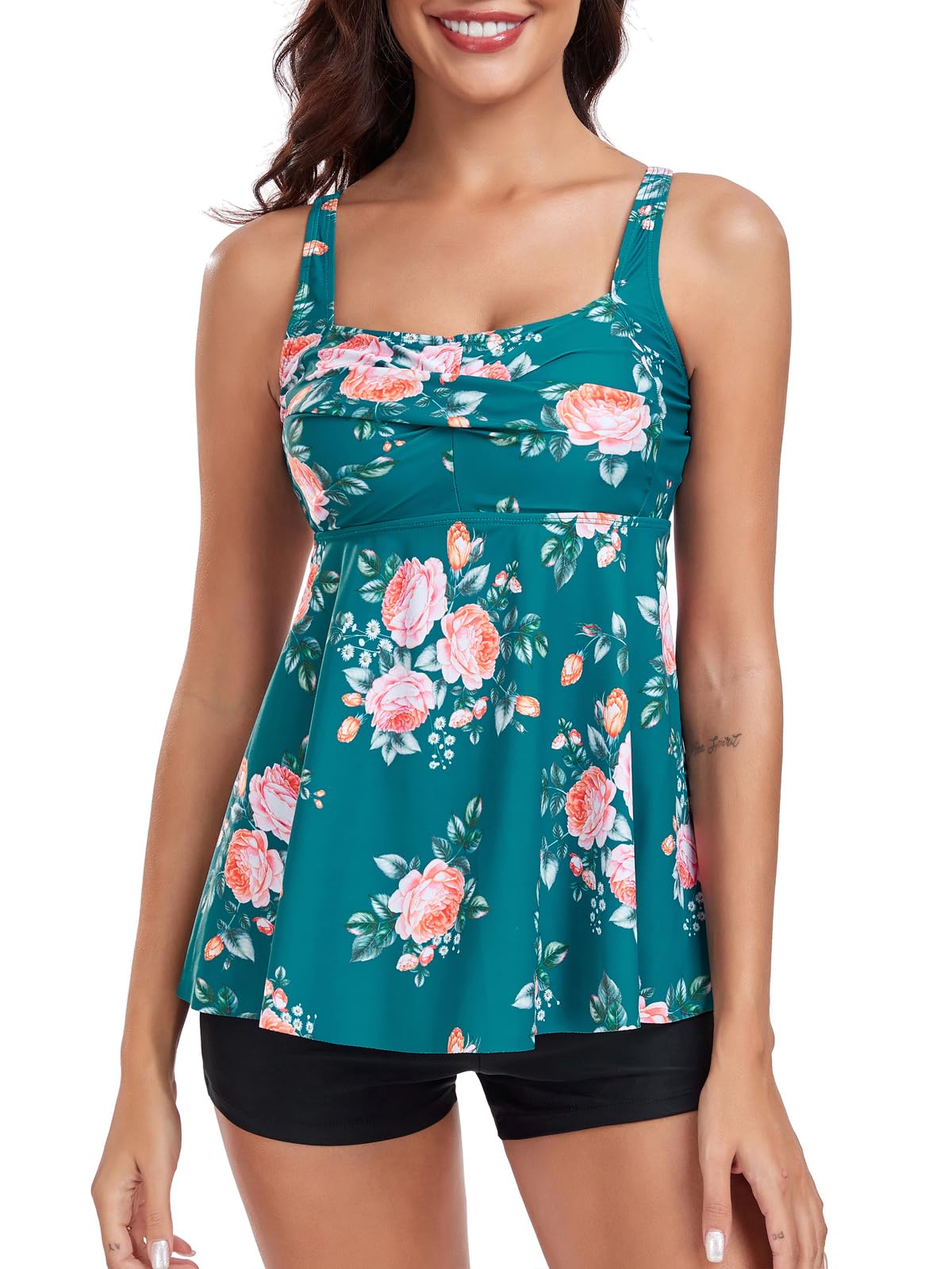 FLYILY Damen 2-Teilige Tankini Sets Vordere Drehung Tankini Top mit Boyshorts Tummy Control Bauchweg Bademode Badeanzug mit Blumen