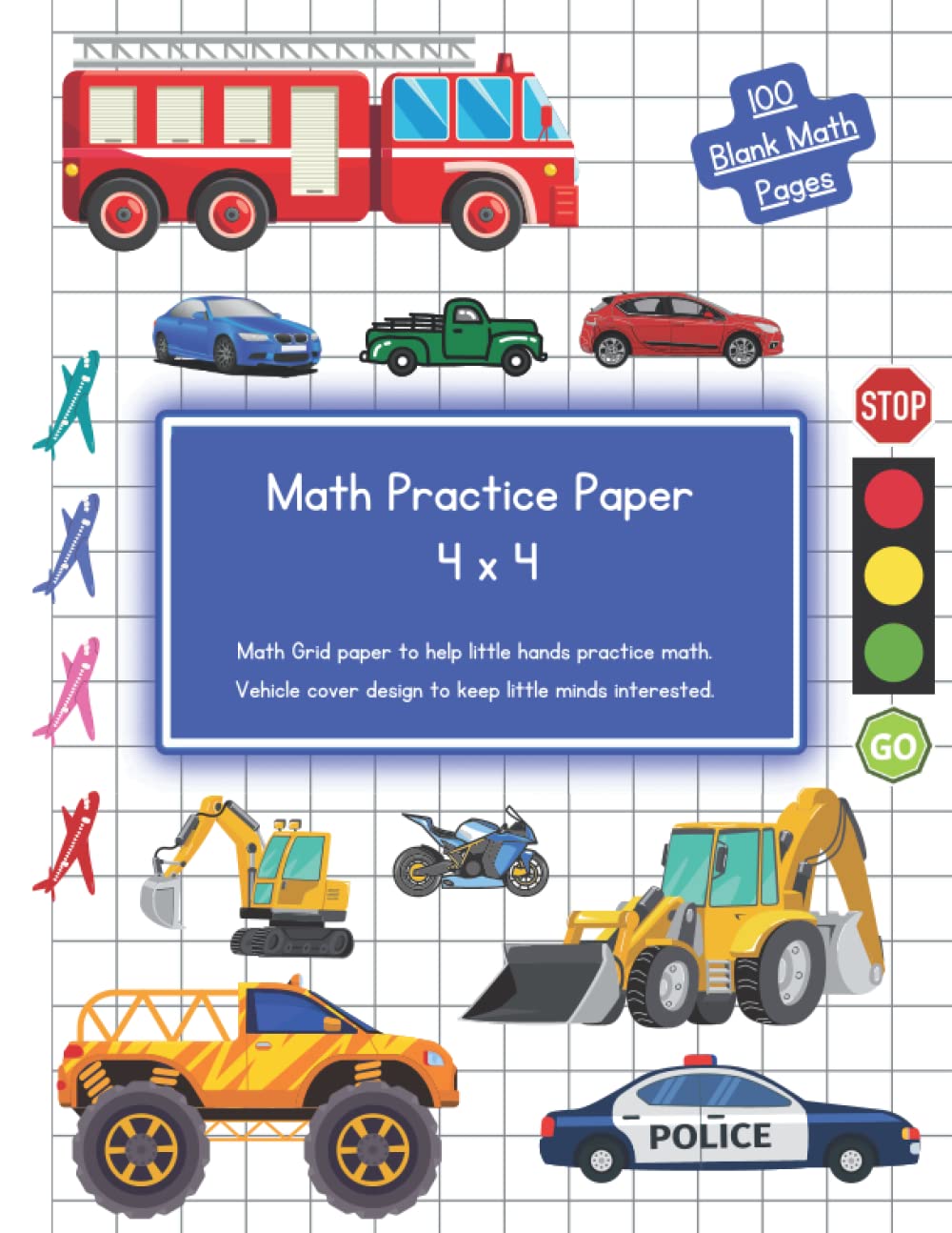 Math Practice Paper.: 4 x 4 | Diggers, Cars, and Vehicles design. Large Squares For young children, Primary school KS1, KS2, KS3. Preschool, kindergarten, toddlers.