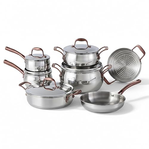 Lagostina Kitchen Pots and Pans, Stainless Steel Cookware Set, All Heat Sources, Bronze Elegance, 12 Piece, Silver, Induction Safe - Bronze Elegance - 12pc Cookware Set