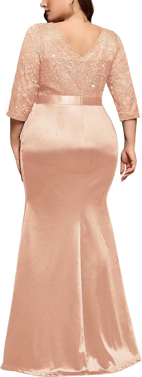 MISSMAY Women's Plus Size Sequin Lace Contrast Satin Ruched Bodycon Mermaid Formal Maxi Dress - Image 2