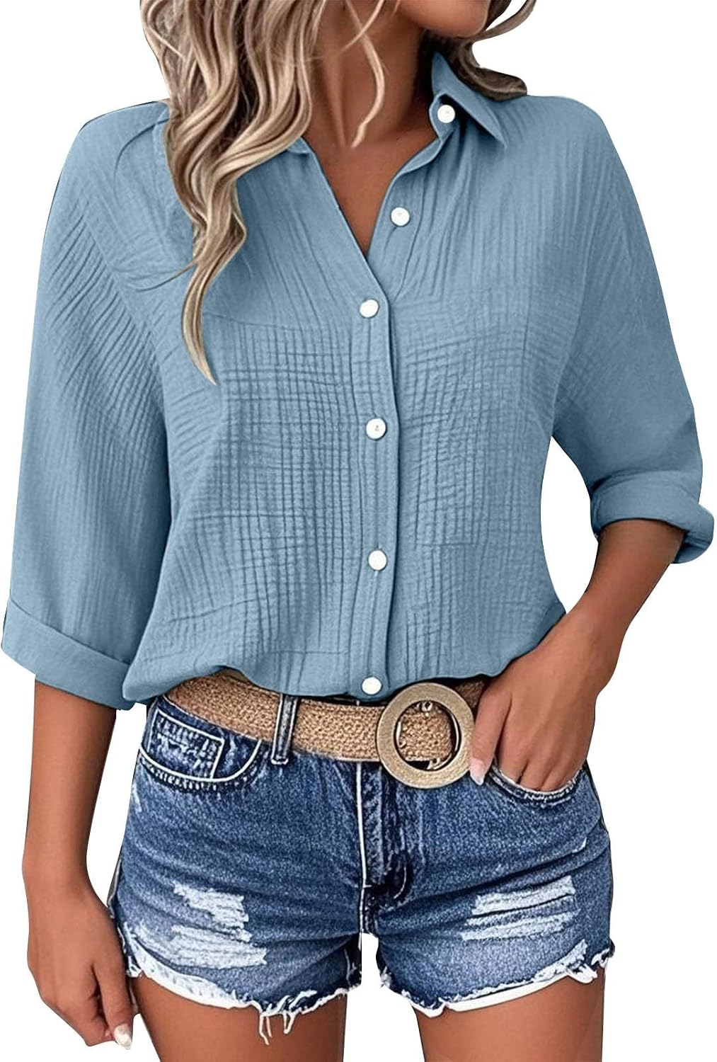 Musselin Bluse Damen,3/4 Arm Hemdbluse Baumwolle Leinen Shirt Hemd Bluse Sommer Freizeit T-Shirt Casual Lässige Oberteile mit Knöpfen Klassische Sommerblusen Leicht und Luftig S-5XL