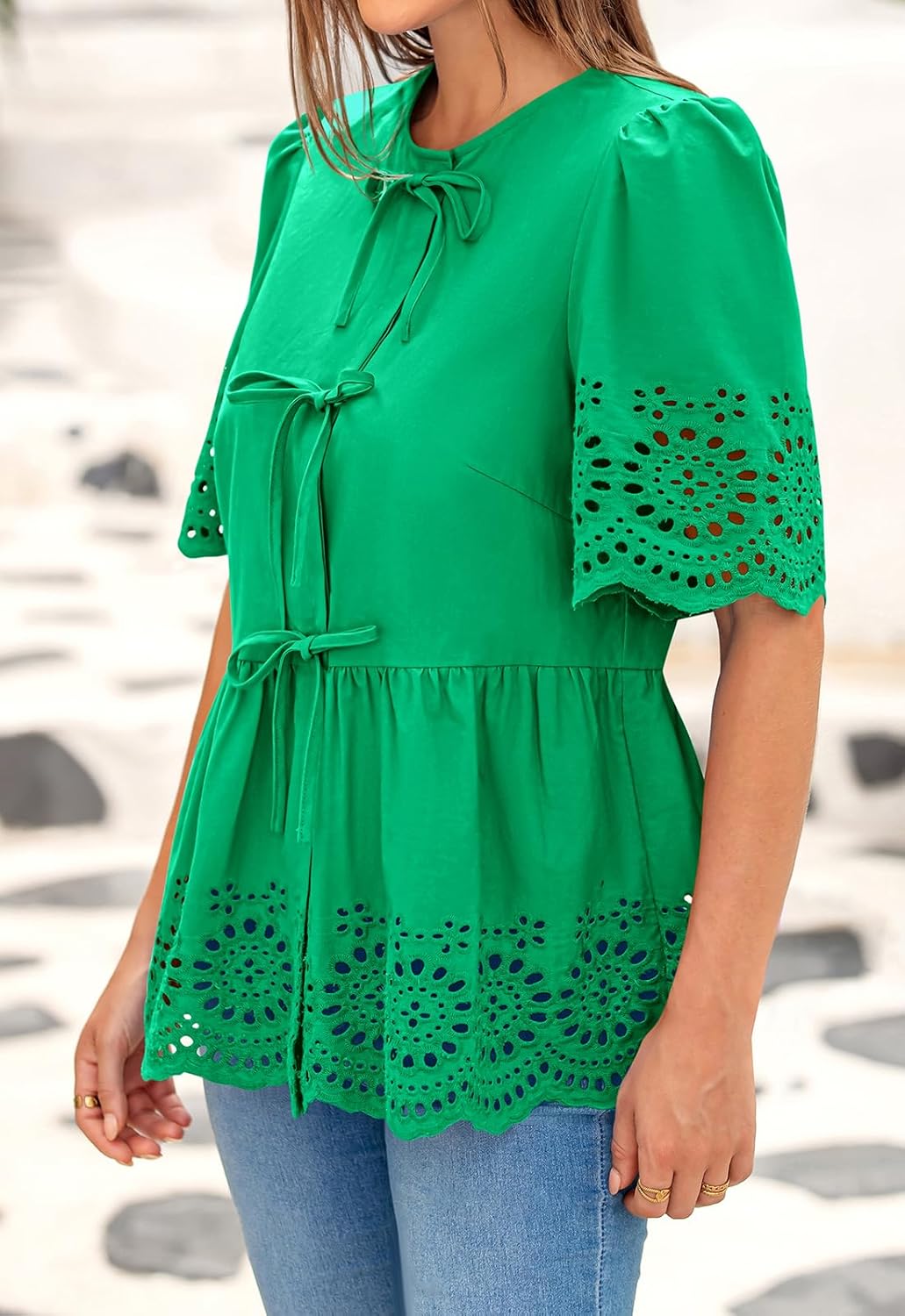 PRETTYGARDEN Tie Front Peplum Tops for Women Summer Y2K Short Sleeve Babydoll Cute Going Out Top Eyelet Blouse Shirt - Image 4