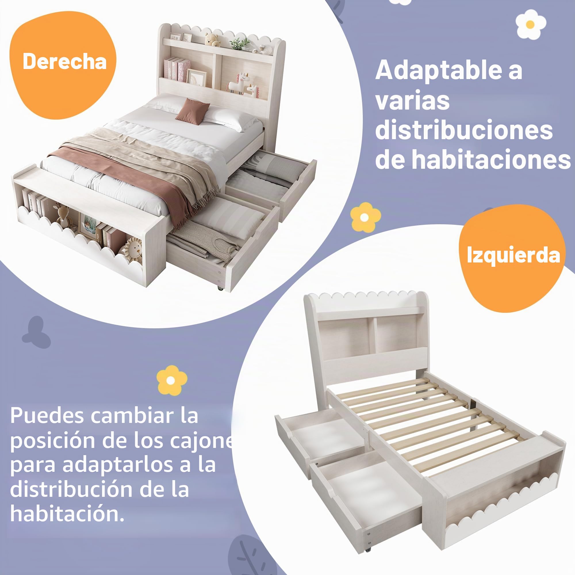 LAKFEW Cama 90x190 cm Camas Infantiles con Banco de Almacenaje y 2 Cajones, Cama Individual Camas Juveniles con Almacenamiento en Cabecero, Estructura de Madera, Blanco+Roble Claro, Sin Colchón