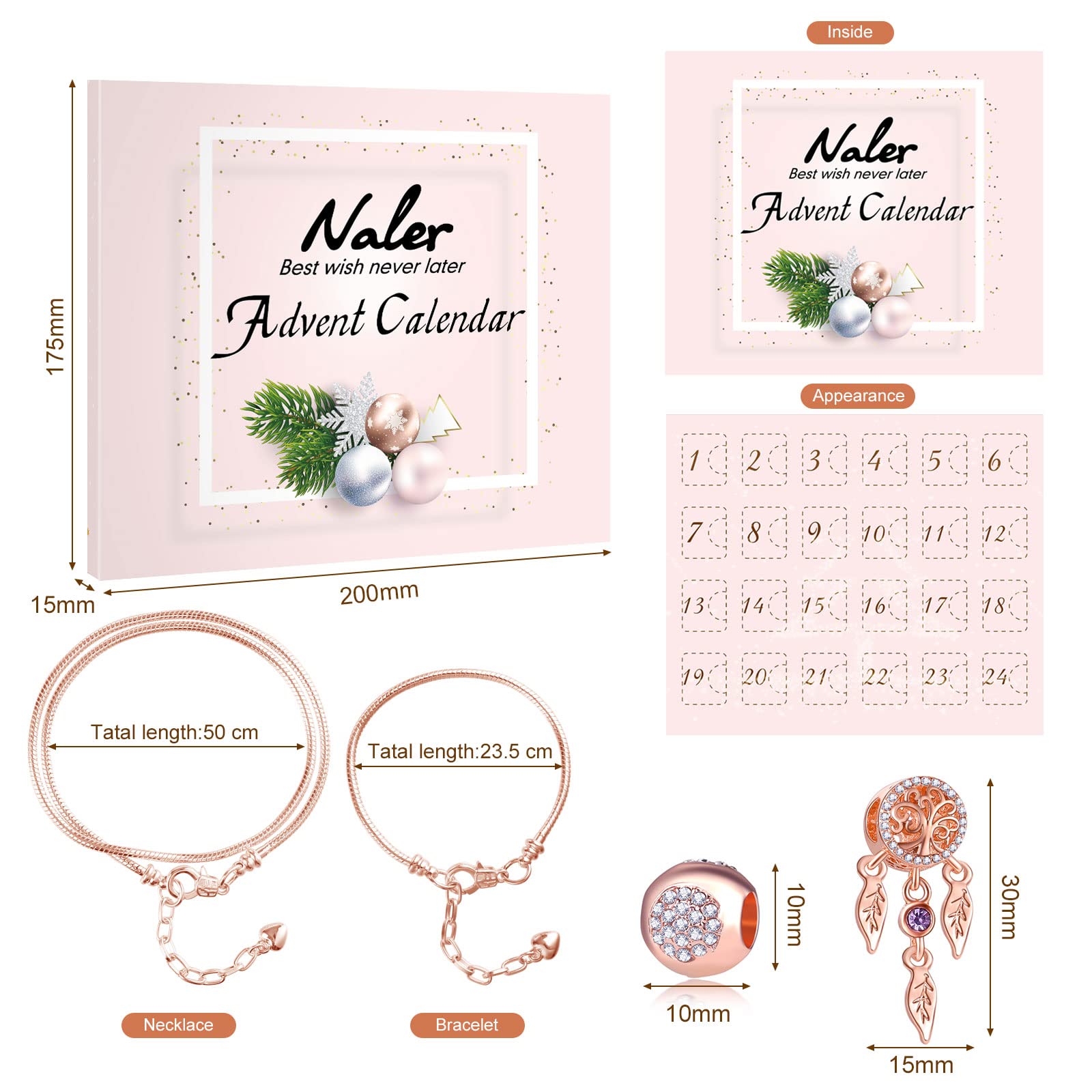 Naler Calendario Avvento 2025 Donna Calendario Avvento Gioielli Fai da Te 22 Perline + 1 Collana + 1 Bracciale per Moglie, Fidanzata, Madre e Amica
