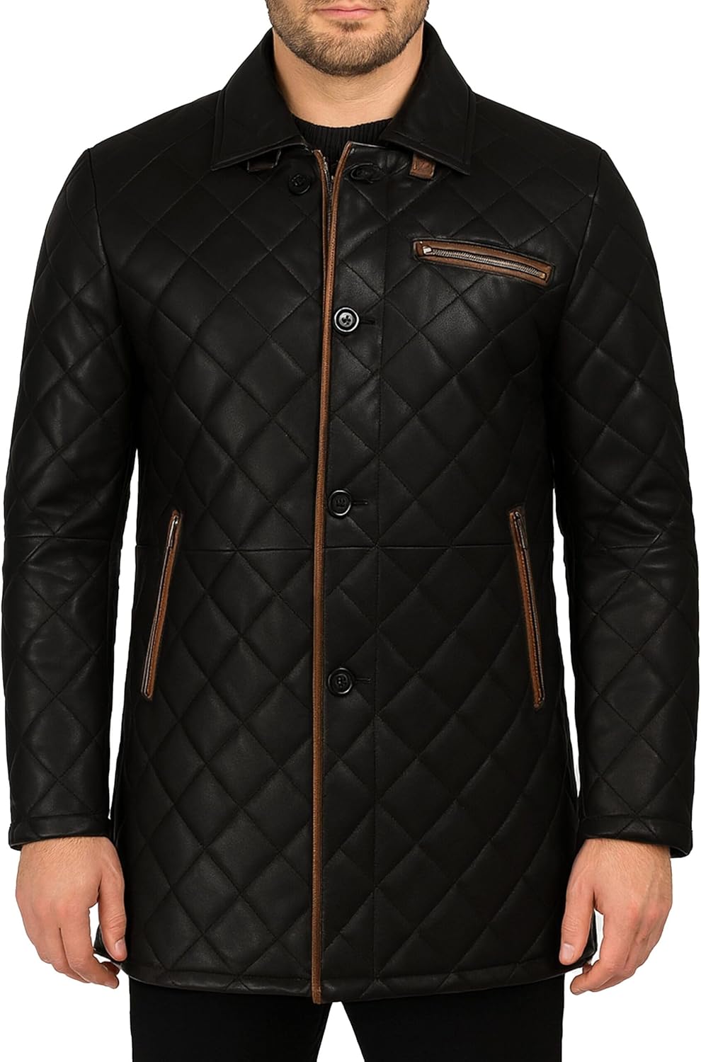 LIVEEVIL Black Leather Coats for Men - Mens 3/4 Length Leather Car Coat - Casual Stylish Sheepskin Long Leather Jacket Men