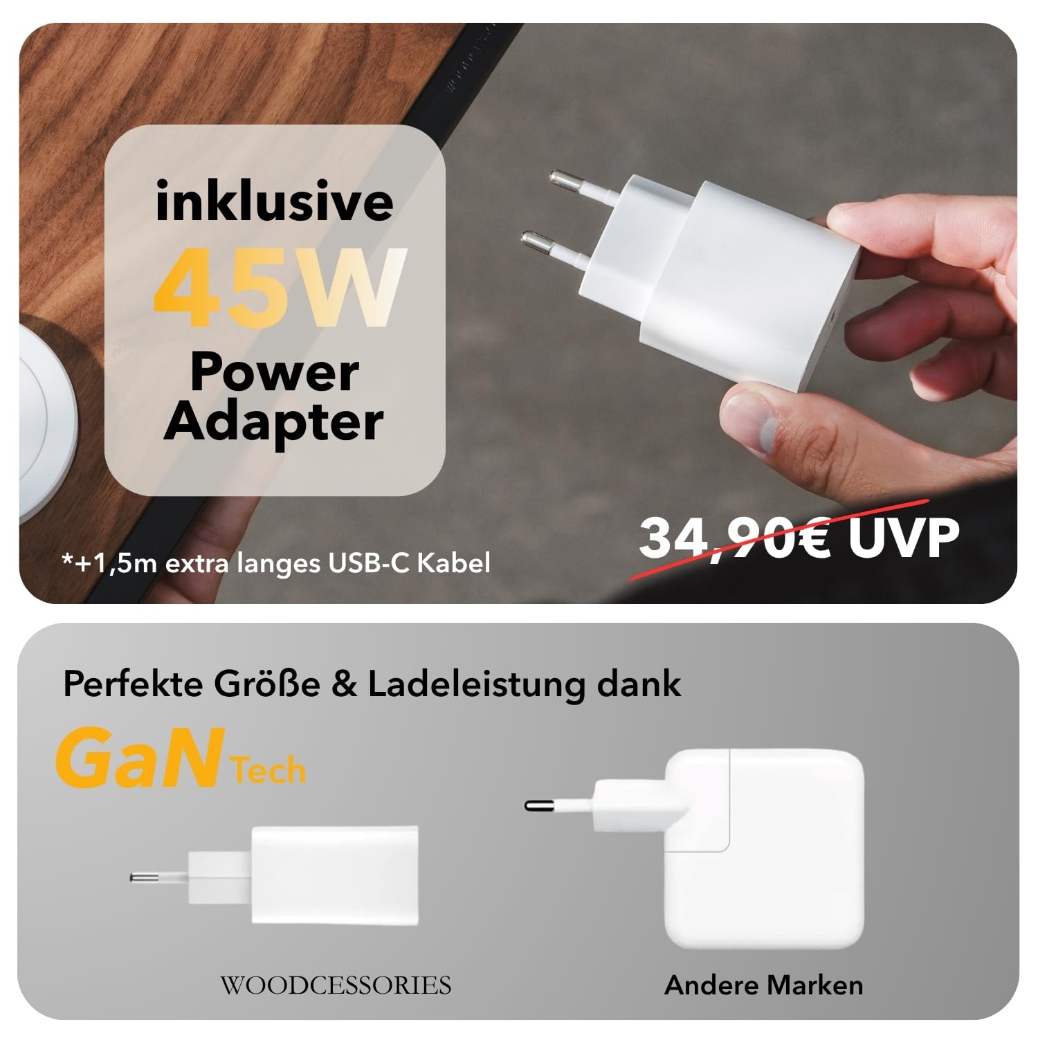 Woodcessories Multibase Pro - Stazione di ricarica 3 in 1 in legno | Magsafe Caricabatterie | Stazione di ricarica induttiva per iPhone, Apple Watch, Air Pods con adattatore da 45 W