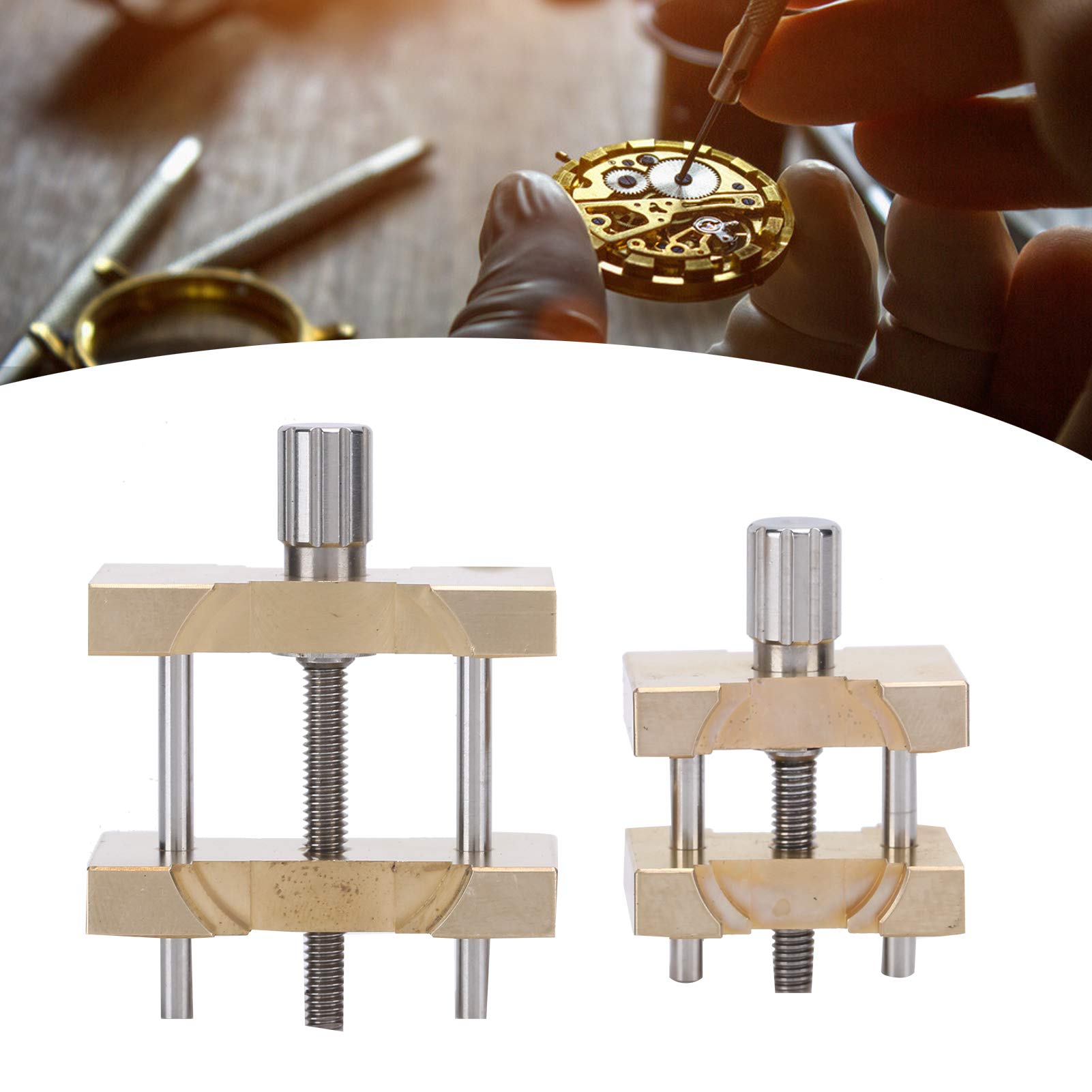 Uhrenbewegungs-Halter mit fester Basis, professionelles Kupfer-Werkzeugzubehör für die Uhrenreparatur, verstellbare doppelseitige Halterung für kleine und große Uhren, kompaktes