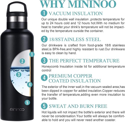 Miniatura 4 de Botella de agua aislada de acero inoxidable con aislamiento al vacío de doble pared, botella de agua con tapa de asa