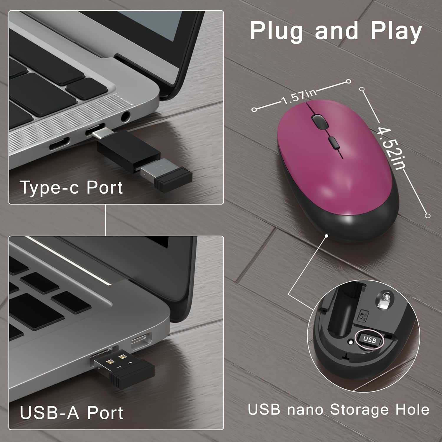 Colorful Wireless Computer Keyboard and Mouse Combo with Round Typewriter Keycaps, Retro Design, Power Switch, Ergonomic Design, 2.4GHz Wireless for Windows, Mac, PC（Black-Claret） - Image 5