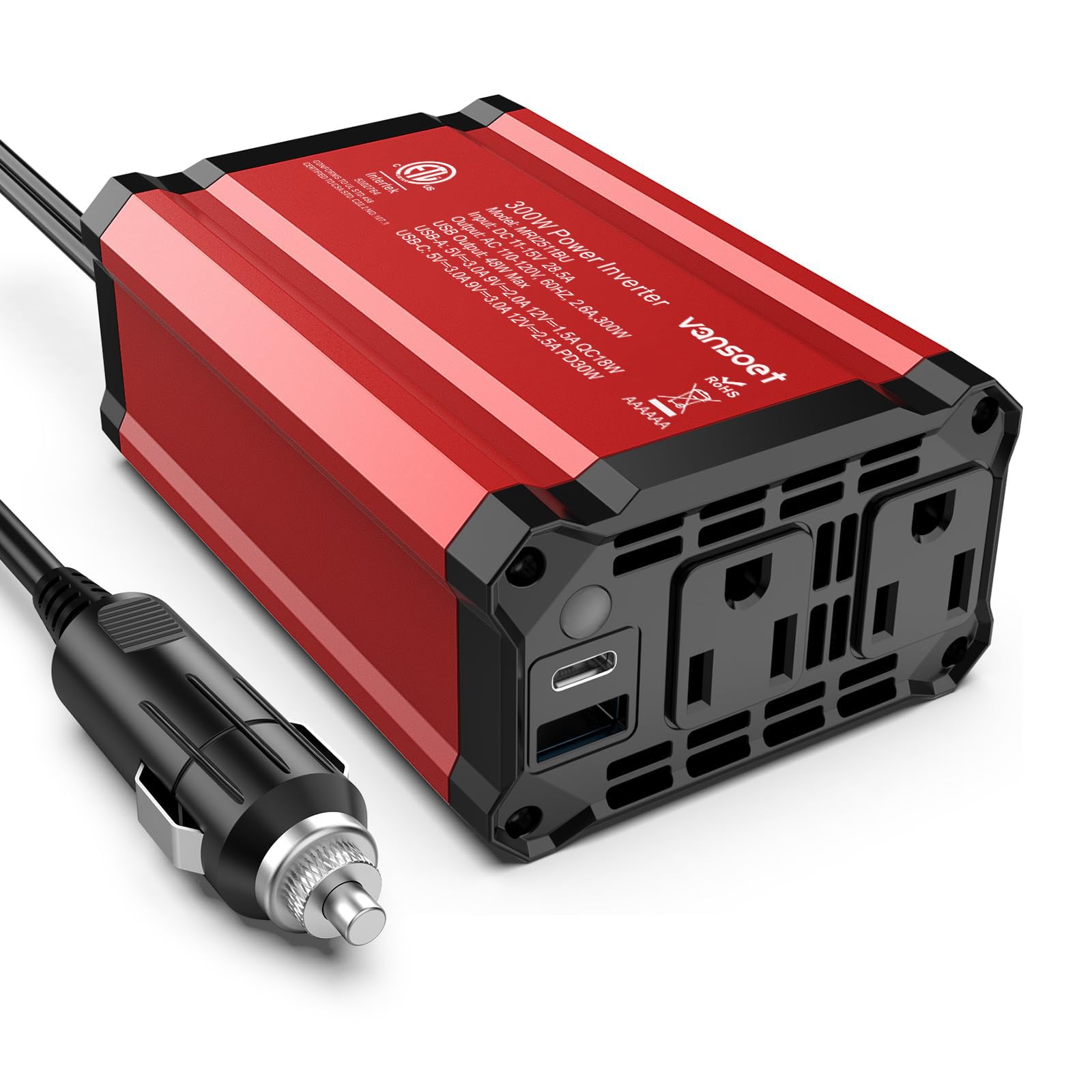 300W Power Inverter PD30W for Vehicles DC 12V to 110V AC Car Outlet Adapter with USB-C PD 30W & USB-A 18W Dual AC Charging Ports, Car Converter for Phone, Laptop, Light, etc(Red) 300W-PD30W