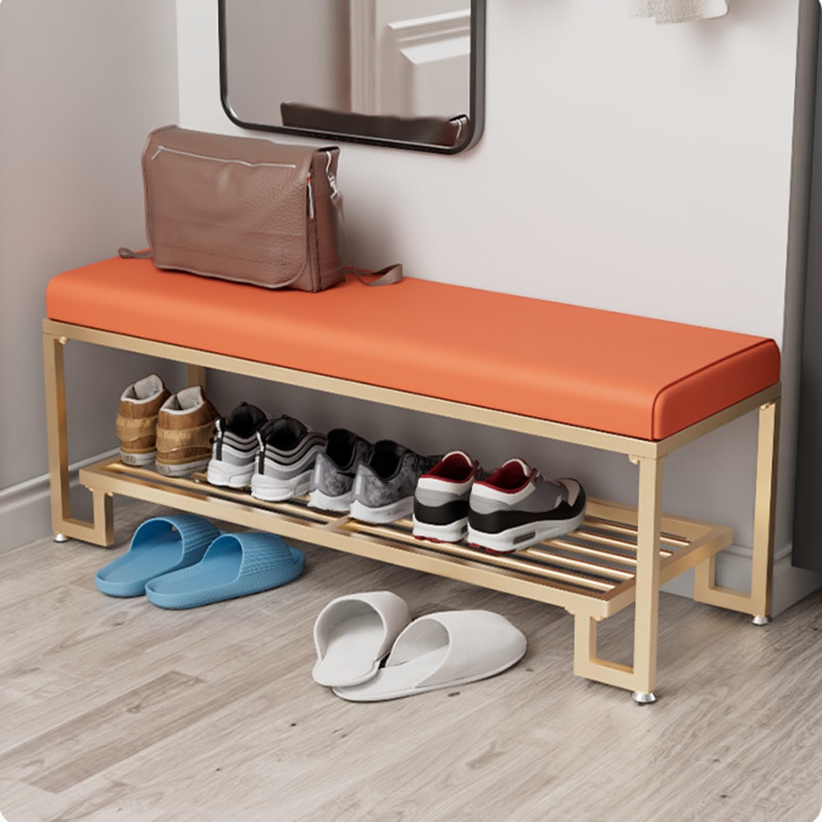 Houten Schoenbank 2 Open compartimenten Bank Vintage Schoenenrek met Gewatteerde en zitting Opslag Plank voor Woonkamer Hal Entree Area, B-100cm