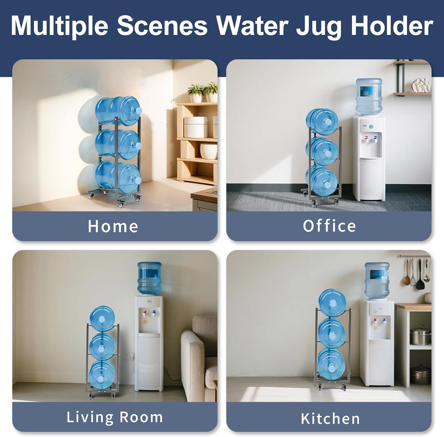 5 Gallon Water Jug Holder with Wheels: 5 Gal Water Bottle Storage Rack Stand for Home Kitchen Office Gym Garage (3 tier)