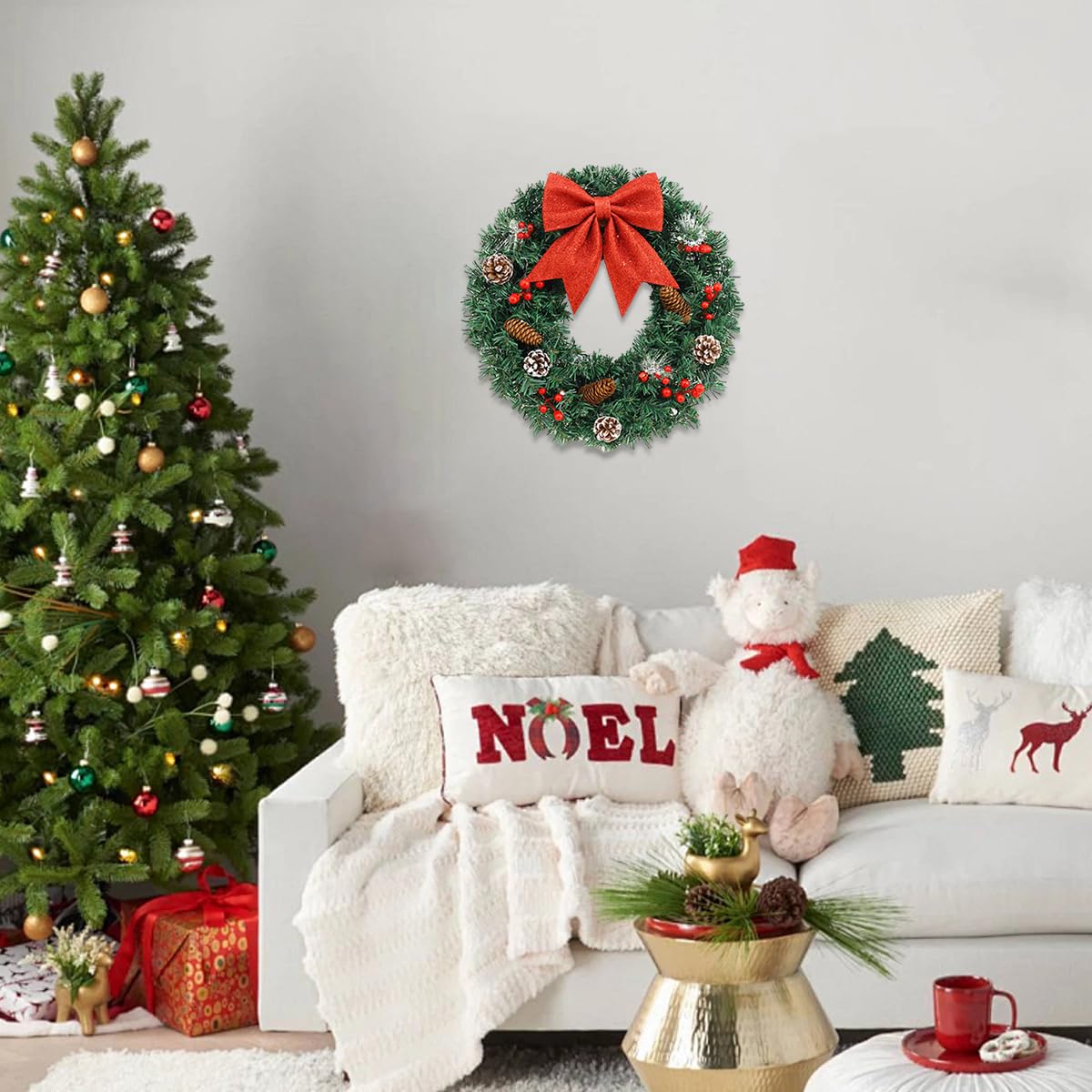 JOYWU Couronne De Noël Avec Lumières LED, Couronne De Noël Artificielle Décorée Avec Pommes De Pin