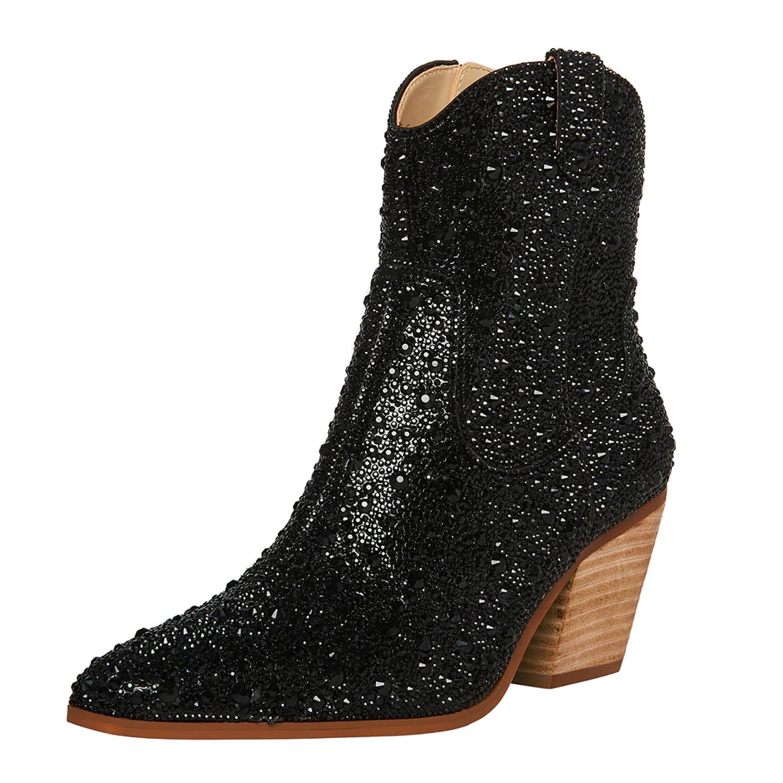 MUCCCUTE Women's Rhinestone Mid Calf Boots Sparkly Block Heel Cowboy Boots Glitter Boots