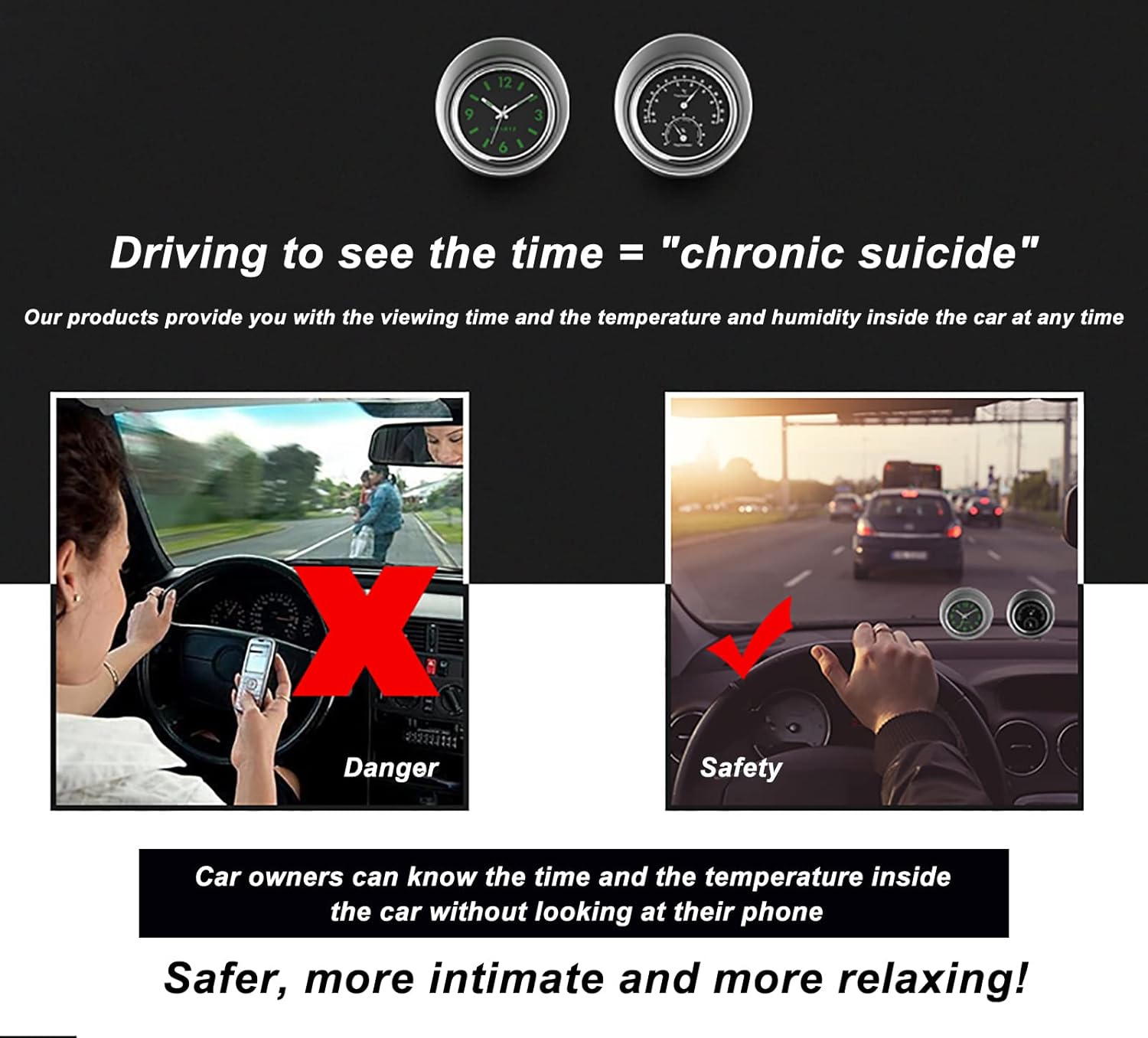 COYOUCO Car Vehicle Thermometer Hygrometer Clock, Stick-On Classic Dashboard Thermometer Hygrometer Clock with Quartz Digital Luminous for Car Cool Decoration,Blue