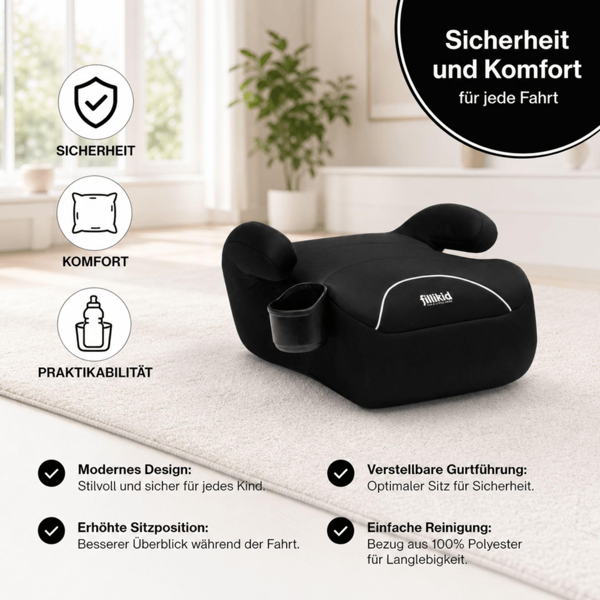 Fillikid Kindersitzerhöhung ohne Isofix, Reboarder | Für Kinder 6-12 Jahre, 125-150cm (ca. 22-36kg)