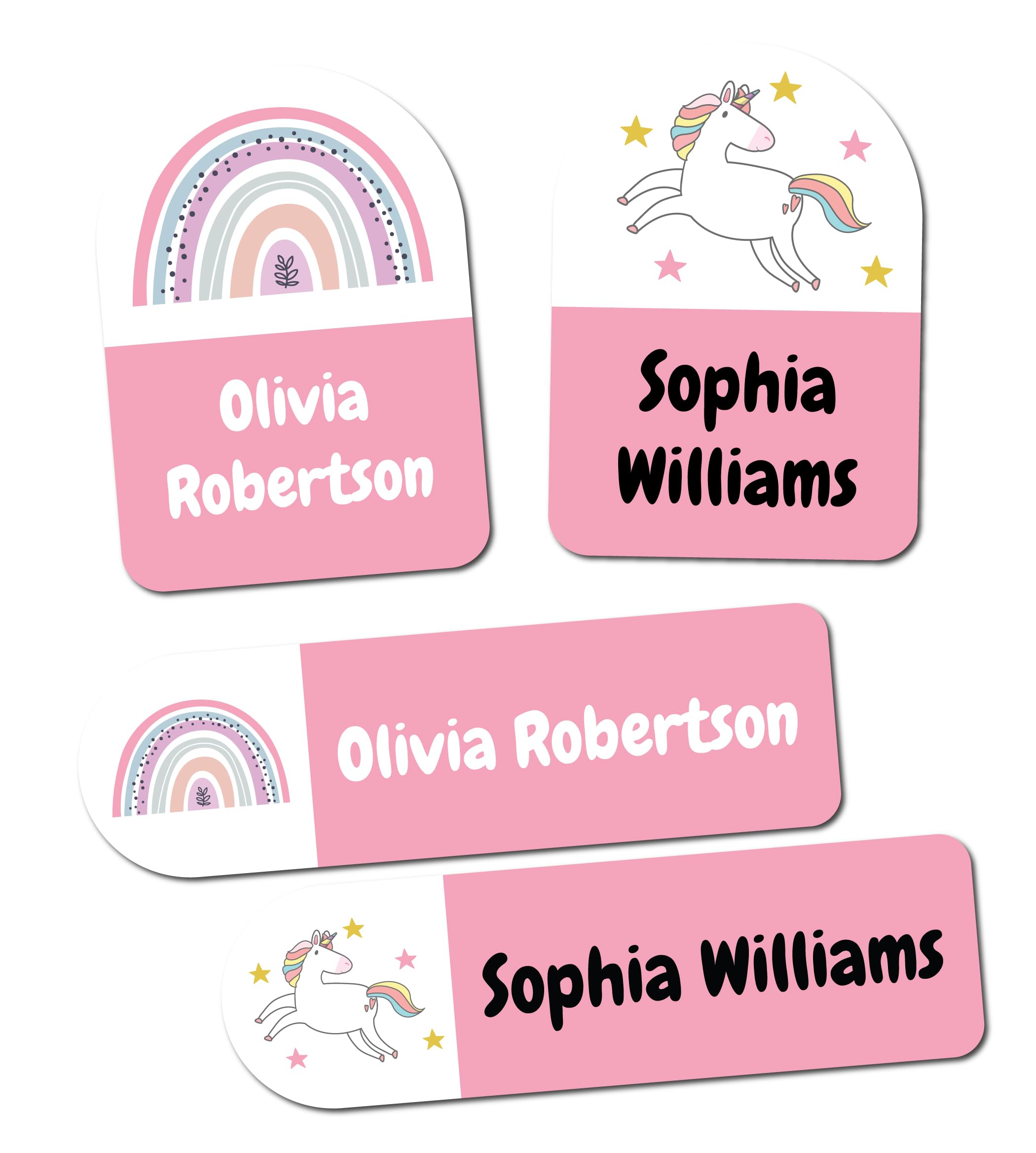 QuoteMyWall 20 Personalised Stick On Clothing Labels Fors Kids School Clothes Nursery Washable Tumble Dryer Safe - Custom Name Sticker Tags for Stationery (Pink & White (Rainbows & Unicorns))