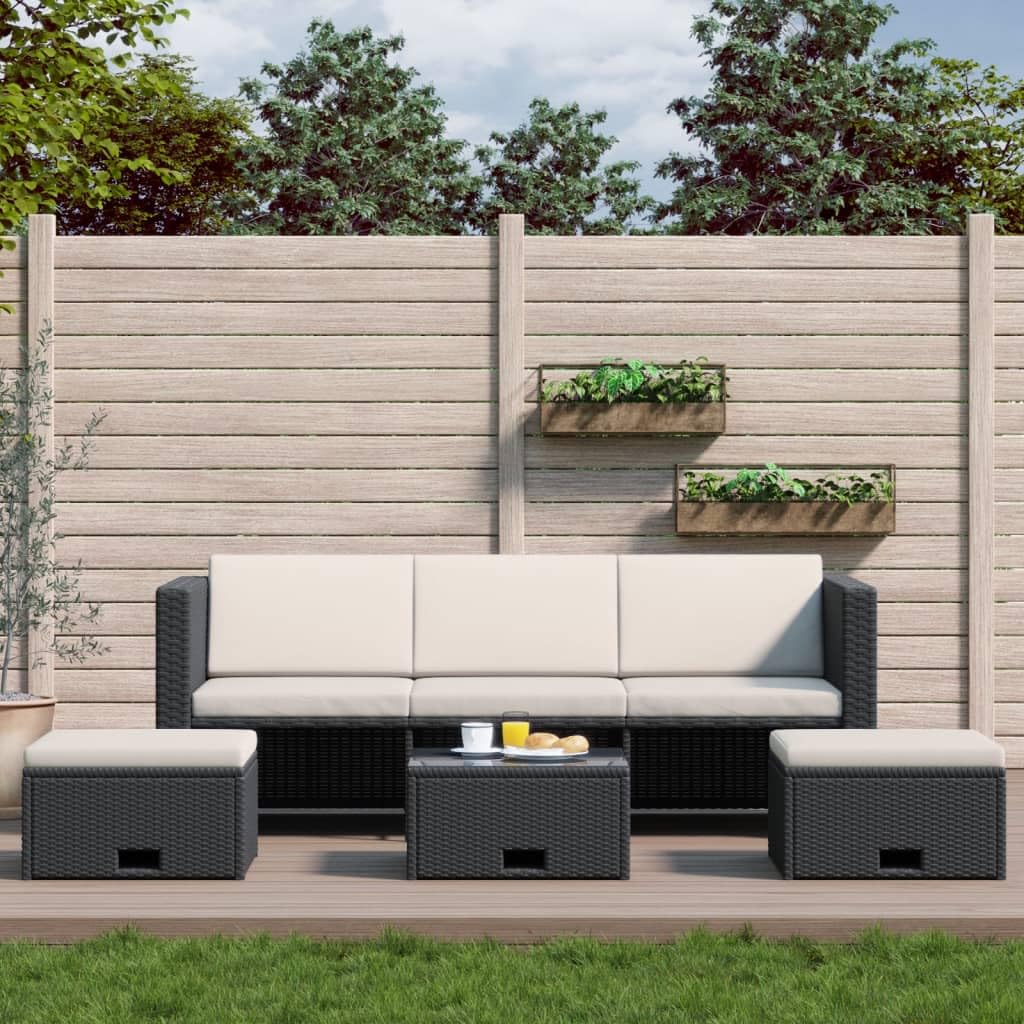 Juego de 4 muebles de jardín de polirratán, sofá de 3 plazas, mesa y 2 taburetes, cojines color blanco crema, ahorro de espacio