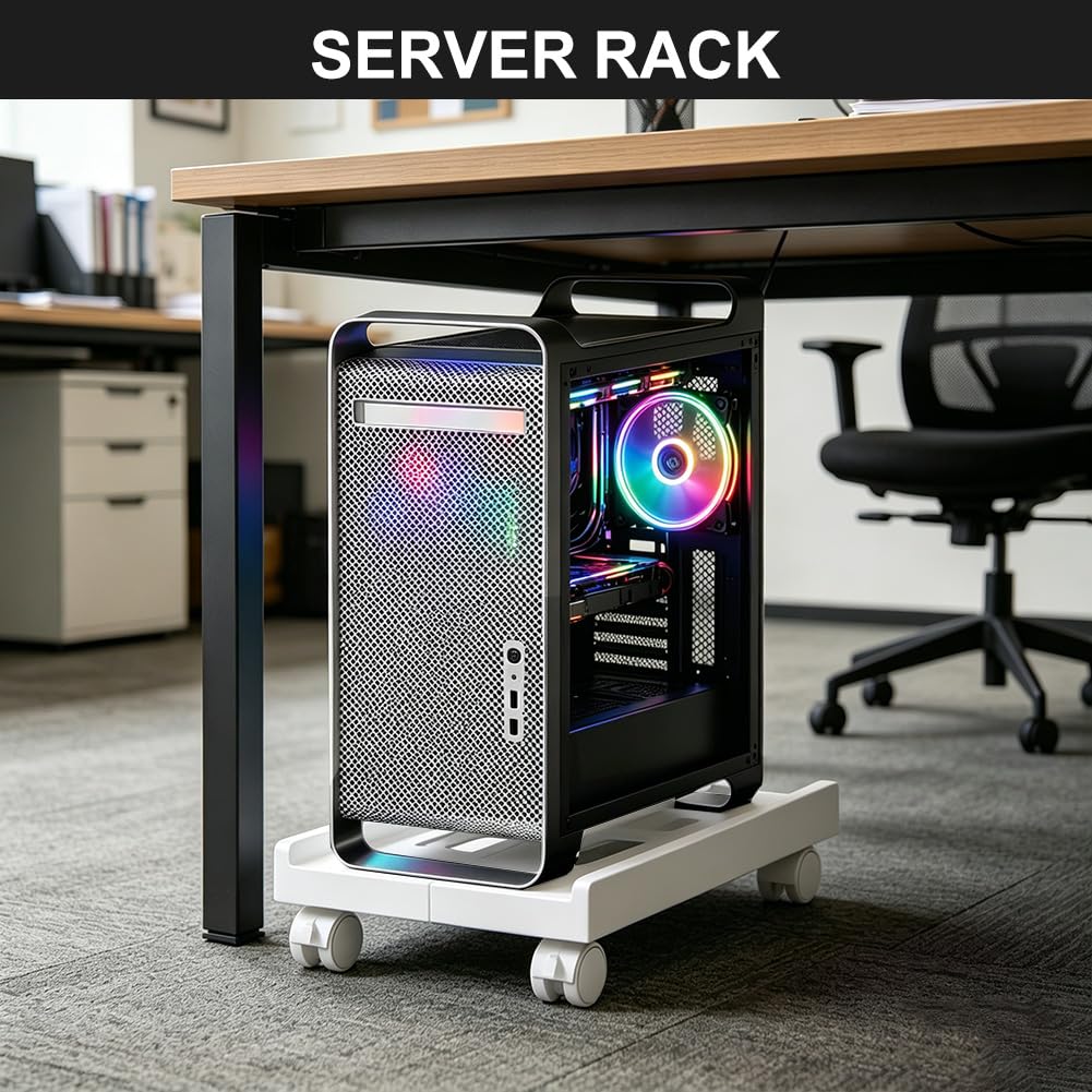 FARYODI Supporto per PC con ruote, supporto per computer tower, supporto per computer PC, supporto per PC, supporto per CPU regolabile, carrello sotto la scrivania, universale per scrivania (bianco)