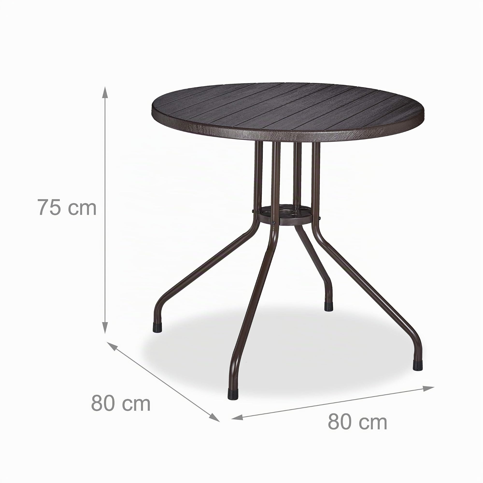 Relaxdays Tavolo da Giardino, Aspetto Legno, Tavolino Rotondo da Esterno, Plastica, Metallo, HxD: 75 x 80 cm, Marrone