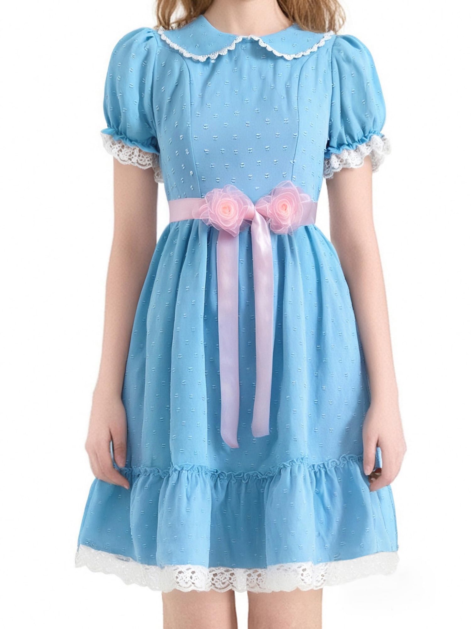 ensswliz Womens Halloween Dorothy Dress Puff Sleeve Plaid Dress Fairytale Cosplay (Q-Sky Blue, XS)