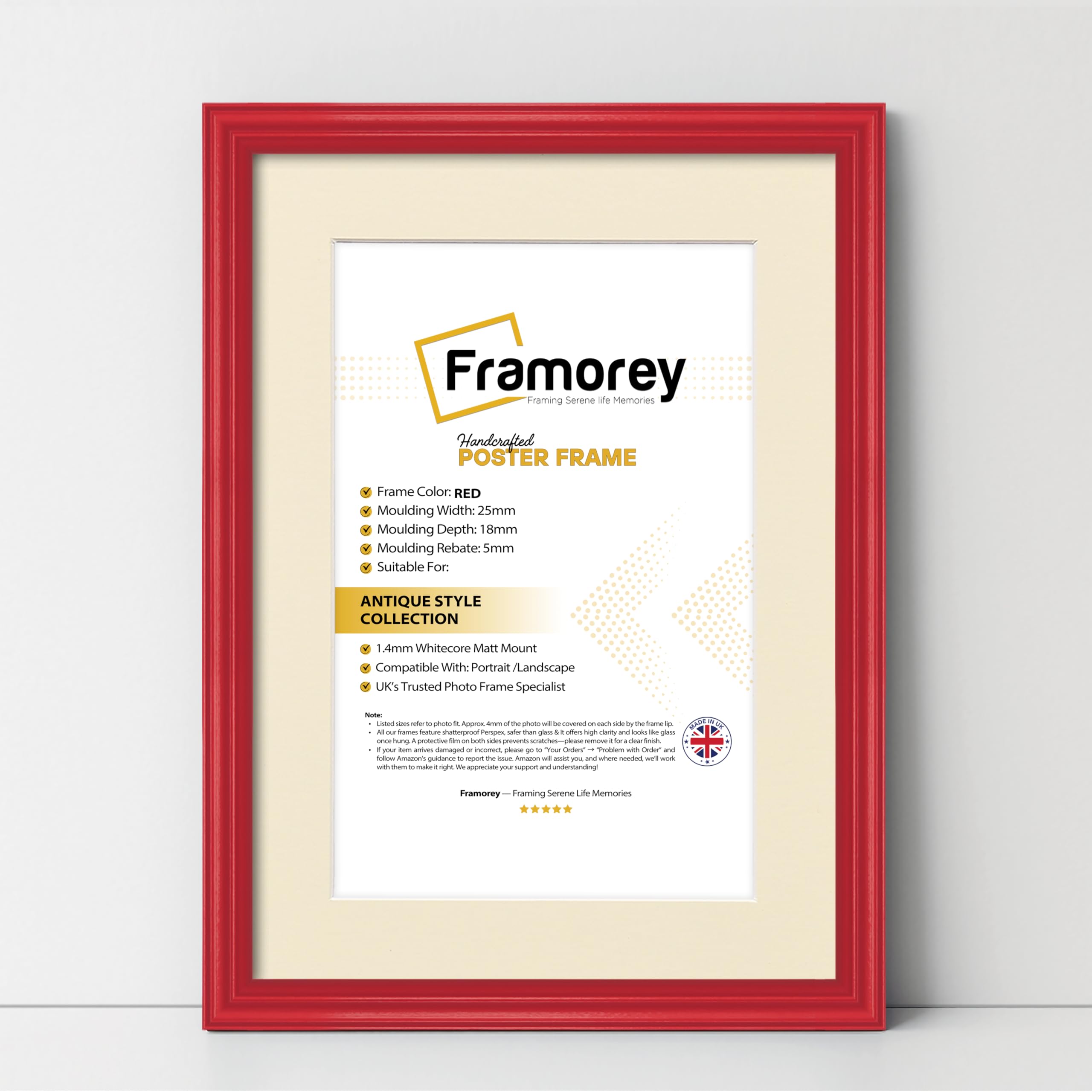 FRAMOREY LW Antique Style Photo Frames 24x18" Size Red Picture Frame With 20x14" Size Ivory Mount, Modern Art Picture Frames, Wall Hanging Poster Frame, Photo Print Frames