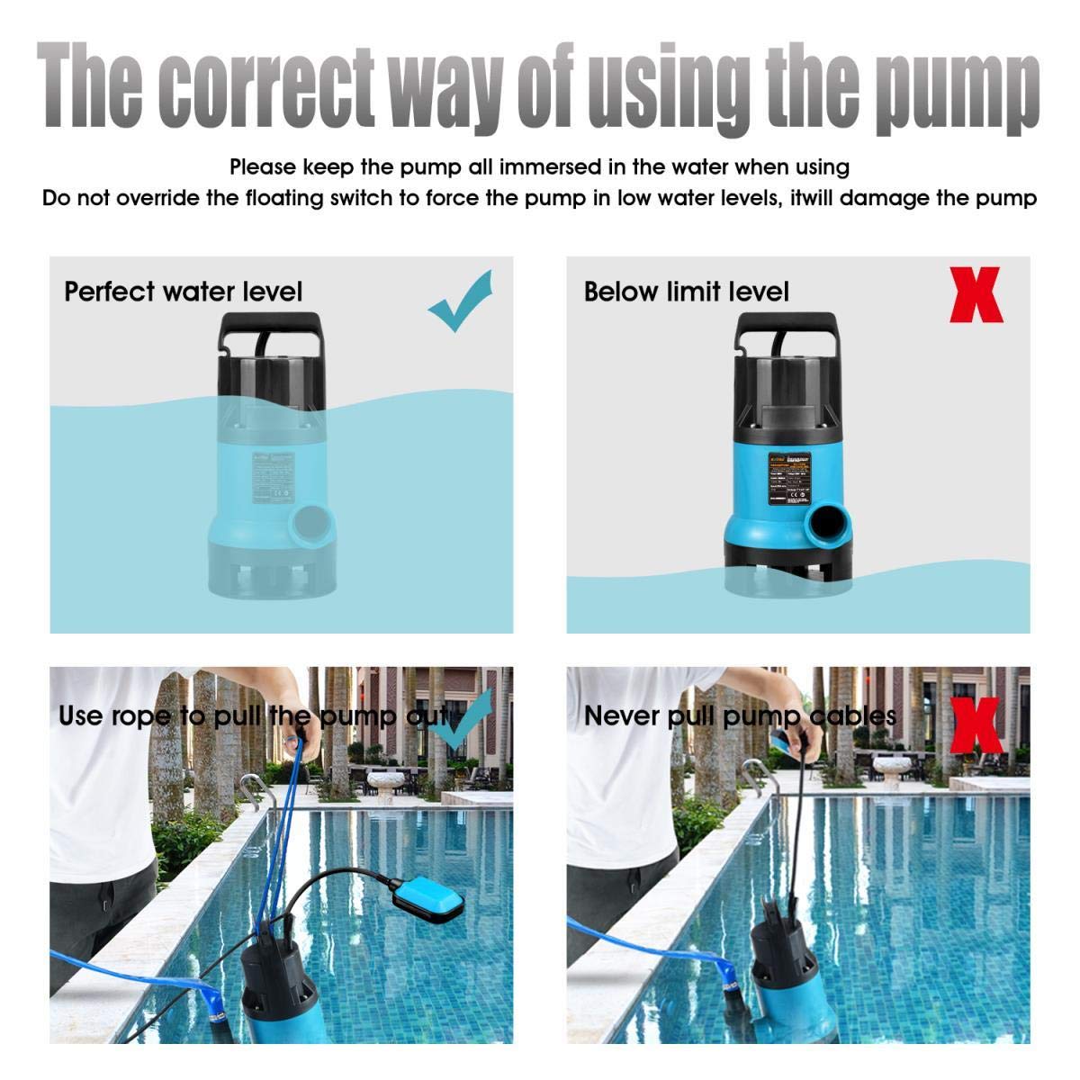 KATSU Pompa sommergibile portatile da 400 W per acqua pulita e sporca per laghetti da giardino, piscine e fossati + interruttore galleggiante