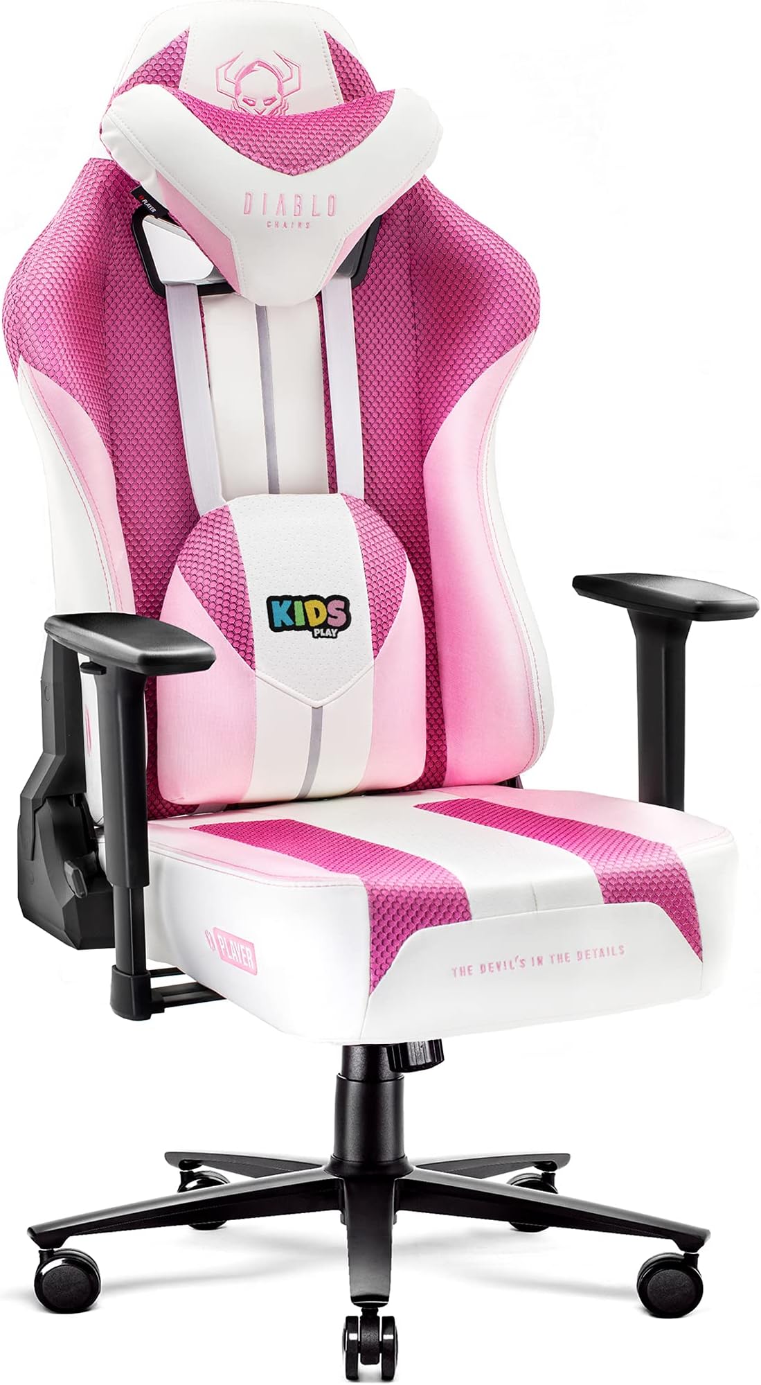 Diablo X-Player 2.0 Gaming Chair Office Gamer Chair Armrests 3D Ergonomic Design Skai Fabric Pillow Lumbar Cushion Marshmallow Pink Kids (S)