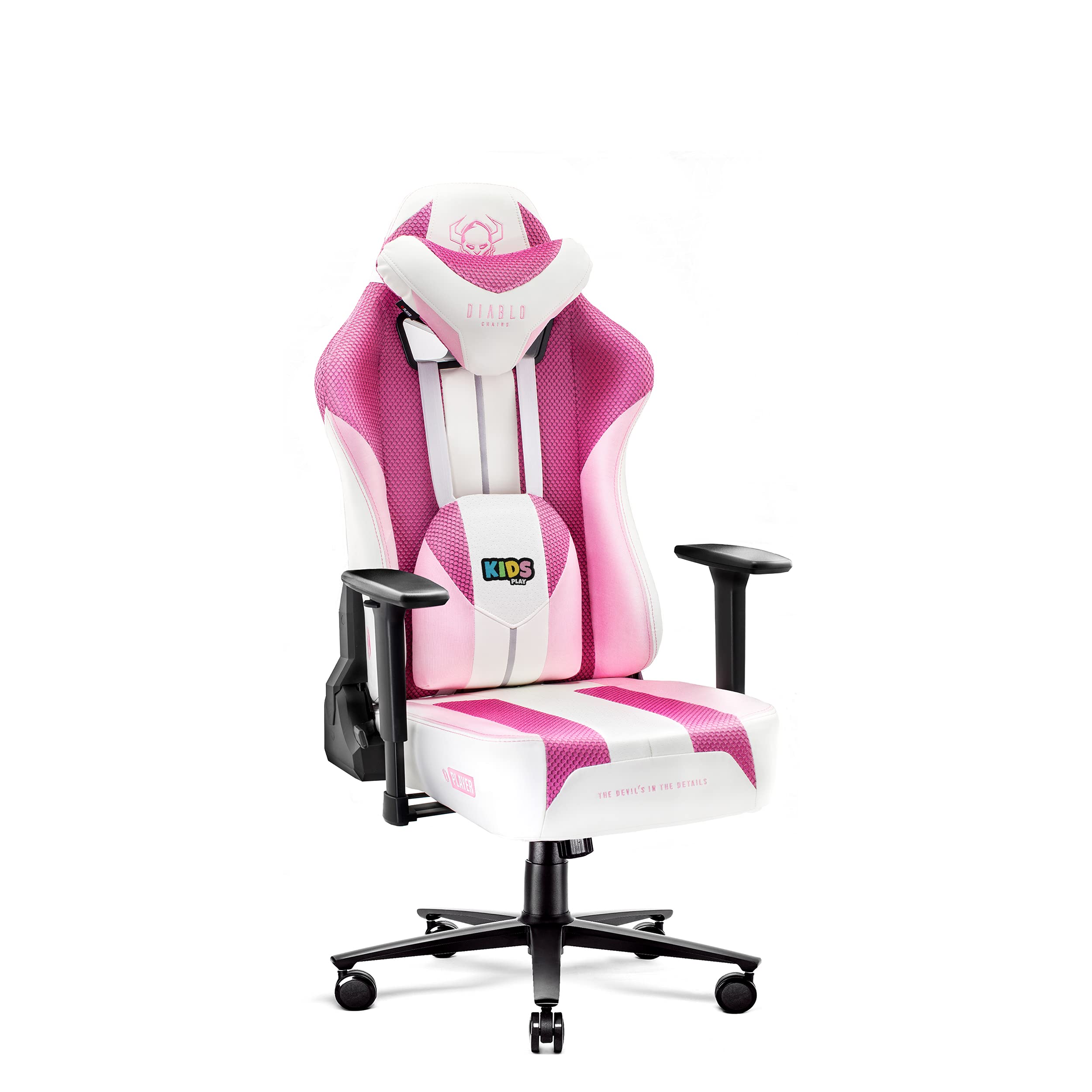 Diablo X-Player 2.0 Gaming Chair Office Gamer Chair Armrests 3D Ergonomic Design Skai Fabric Pillow Lumbar Cushion Marshmallow Pink Kids (S)