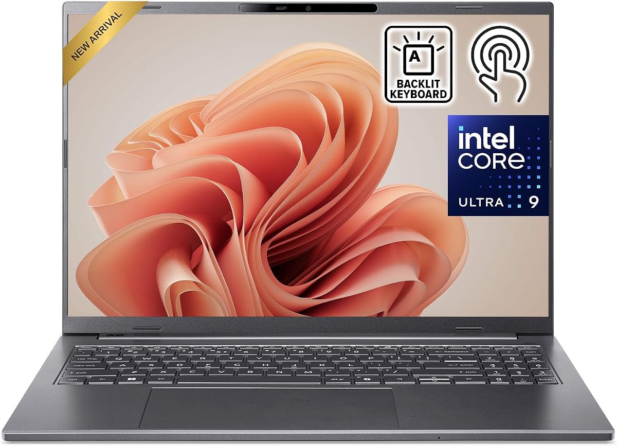 Aspire 16 AI Copilot+ Touchscreen Laptop | 16" WUXGA IPS Touch Display | Intel Core Ultra 9 288V | 32GB DDR5X 512GB Gen 4 SSD | WiFi 7 | Backlit Keyboard | Win 11 | Steel Gray