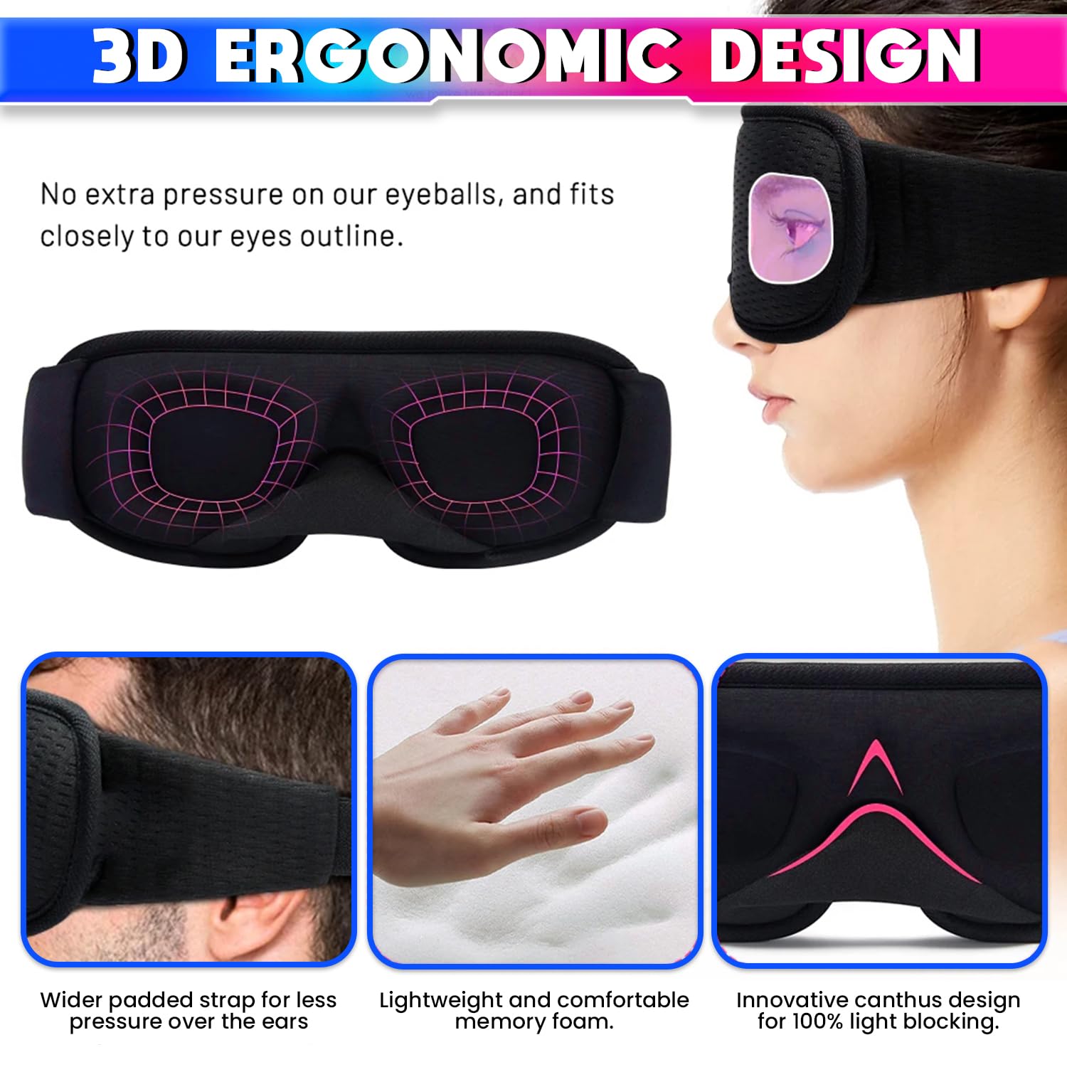 amiciCare Fabric 3D Eye Sleeping Mask: Ergonomic Blindfold For Superior Comfort With Zero Eye Pressure And Total Darkness,Black 2