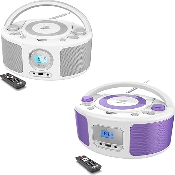 CD Radio Portable CD Player Boombox with Bluetooth,FM Radio,Remote Control,USB Input and 3.5mm AUX Headphone Jack,CD-R/CD-RW/MP3/WMA Playback,AC/Battery PoweredWhite+Purple