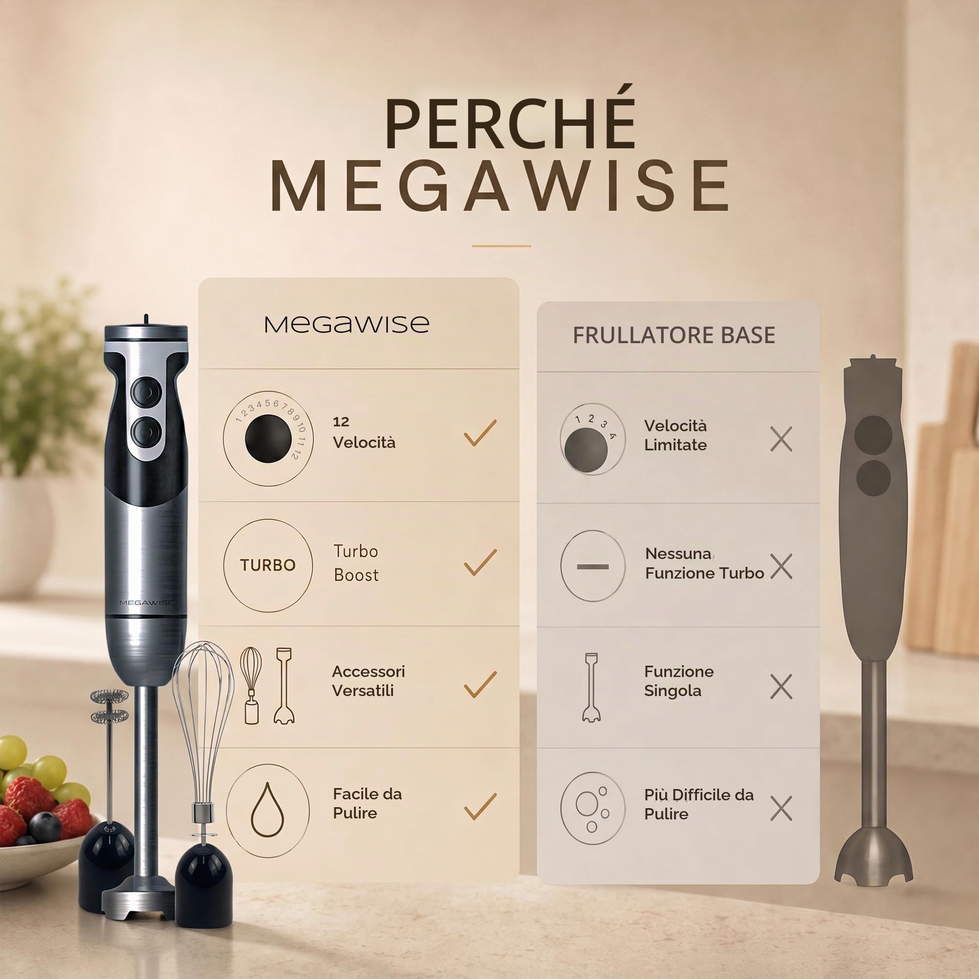 Set frullatore a immersione 3 in 1 MEGAWISE Pro, frullatore a immersione in titanio da 800 W con controllo a 12 velocità, frusta e schiumatore (nero)