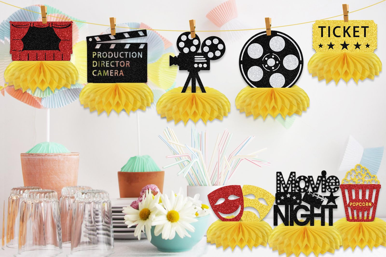 Anniversaire Cinéma Lot 12 Centres De Table Cinéma Nid D'abeille - Décoration Soirée Film - Anniversaire Thème Cinéma - Popcorn Projecteur Centres De Table Anniversaire Thème Cinéma