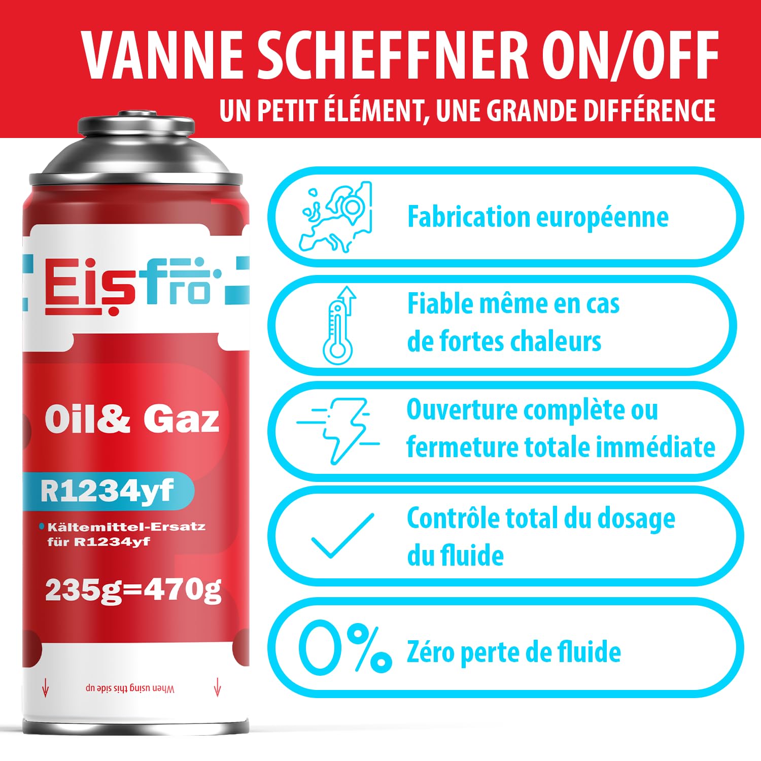 Fluide Réfrigérant R1234yf Kit Recharge Climatisation – Gaz pour Climatisation Véhicules Depuis 2016 – 5X 235 g Bouteilles avec Tuyau de Recharge et Adaptateur AZ