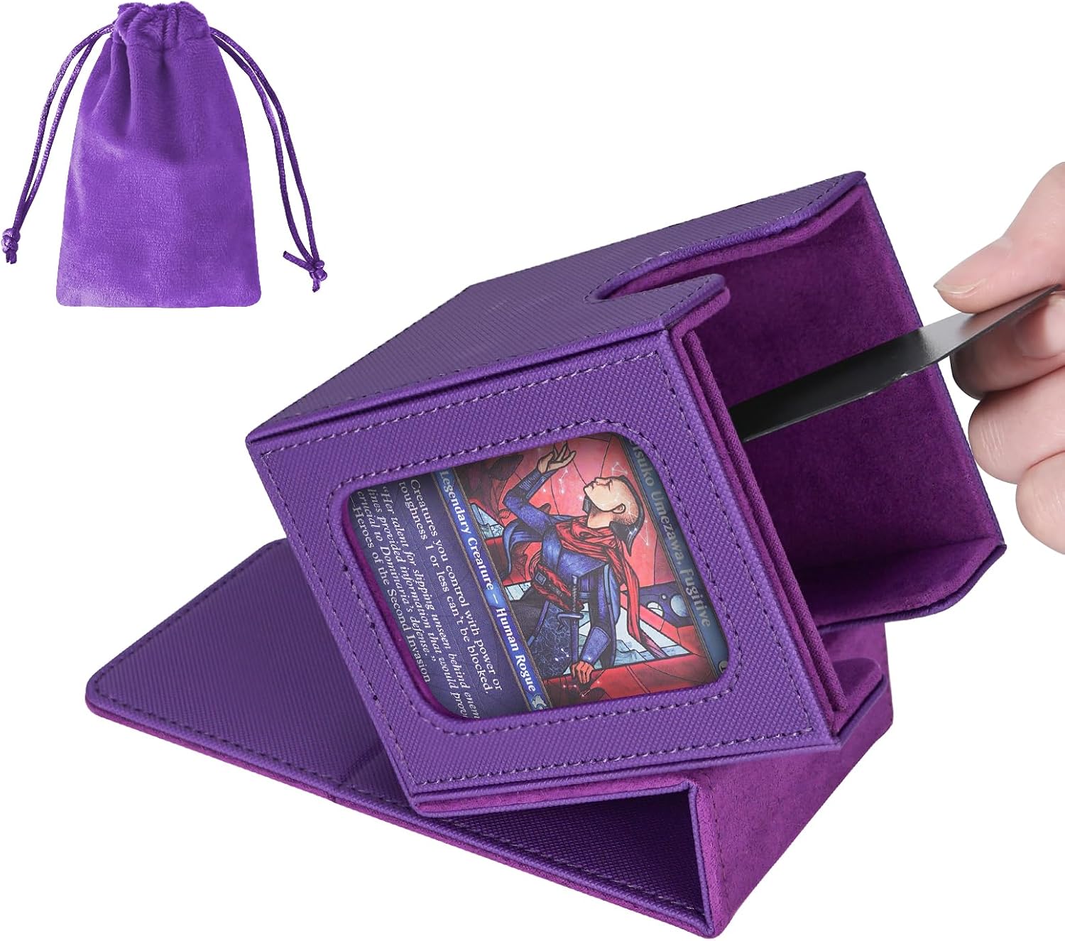 AFIING MTG Deck Box for Commander Display,Card Deck case Fits 100 Double Sleeved Cards, Magic Commander TCG Card Storage Box with 2 Dividers,Dice Bag and 1 Toploader(Purple)
