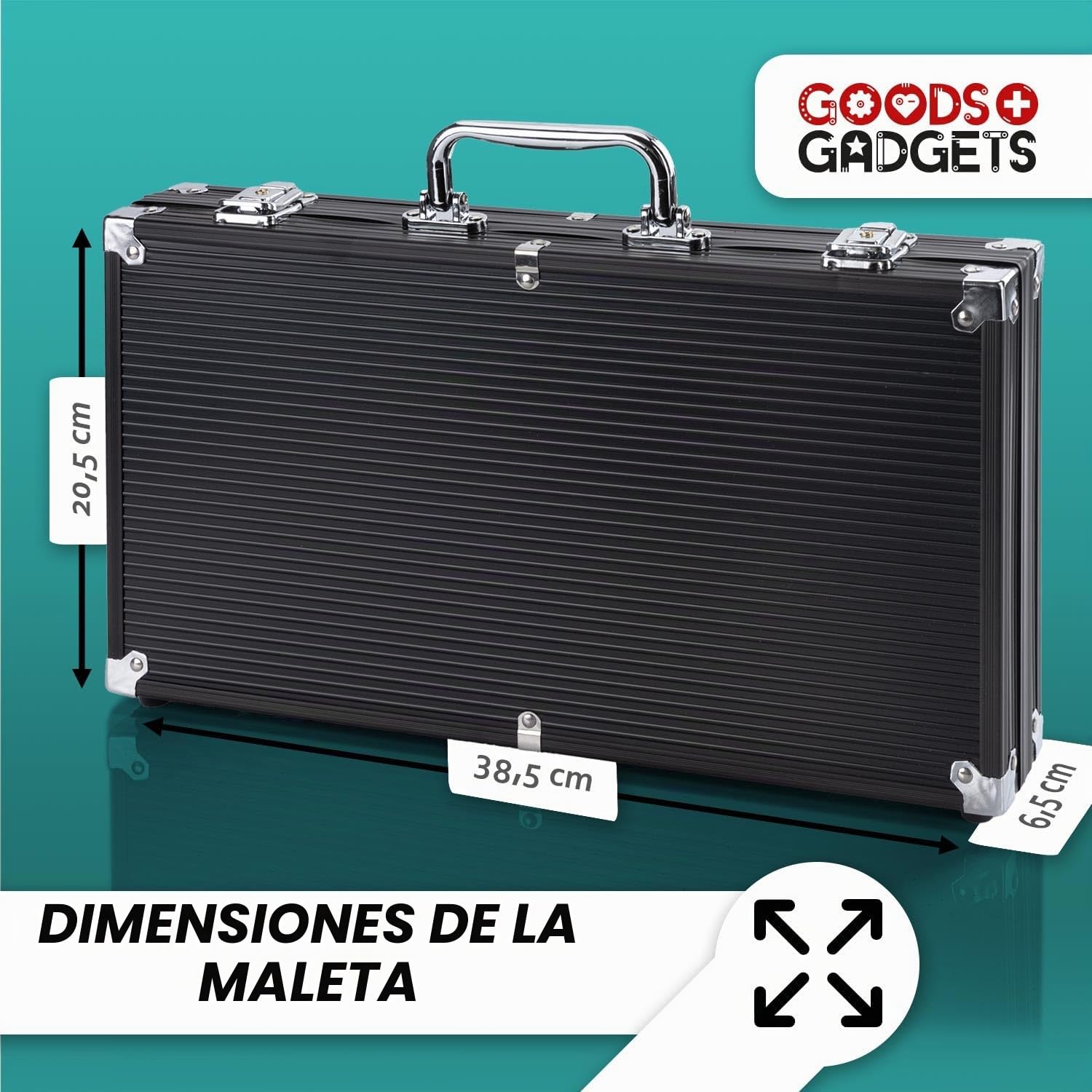 GOODS+GADGETS Maletín de Póquer con 300 a 500 Fichas, Baraja de Cartas, Dados y Botón del Crupier - Maleta de Aluminio con Cerradura (Negro, 300 Fichas)