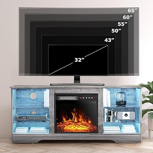 Miniatura 4 de PUKAMI Soporte de TV con chimenea de 18 pulgadas para sala de estar, centro de entretenimiento de 58 pulgadas con luces para patas, armario moderno