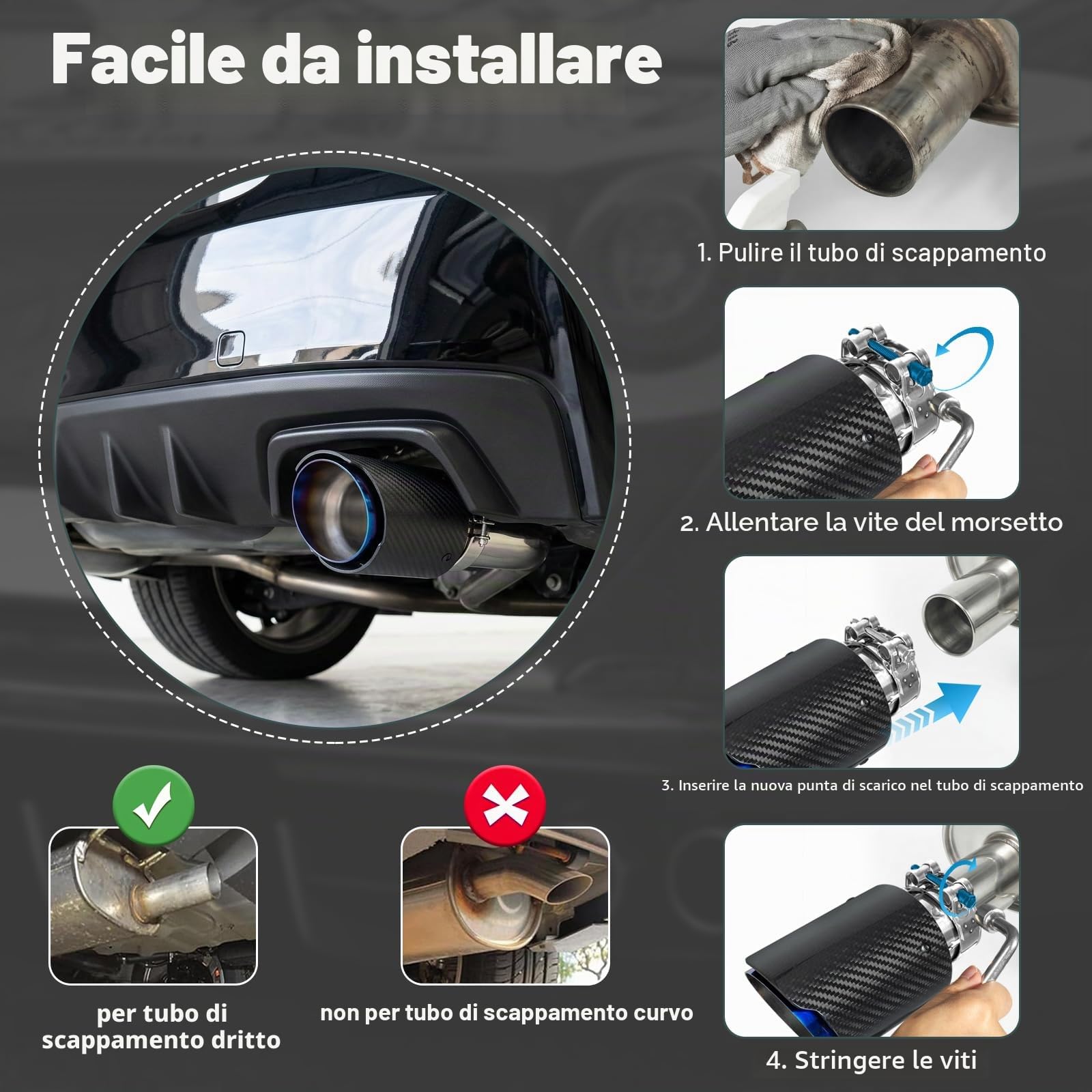 Catekro 54mm Terminale Scarico Auto Universale, Uscita Scarico, Blu Nero | in Acciaio Inox 304 & Fibra di Carbonio Tubo Terminale Marmitta Sportivo Fissare con Bulloni Chiave Inclusa