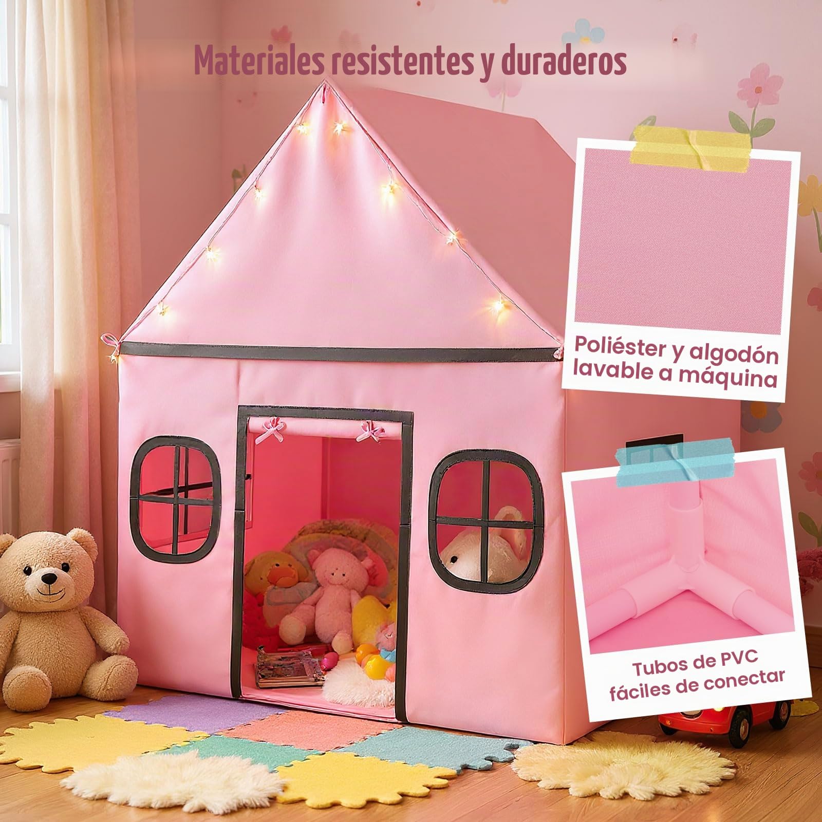 HOMASIS Tienda de Campaña Infantil con Luces de Estrellas y Alfombra Acolchada, Tipi para Niños con 4 Ventanas y Cortina 3+ Años (Rosa + Gris)