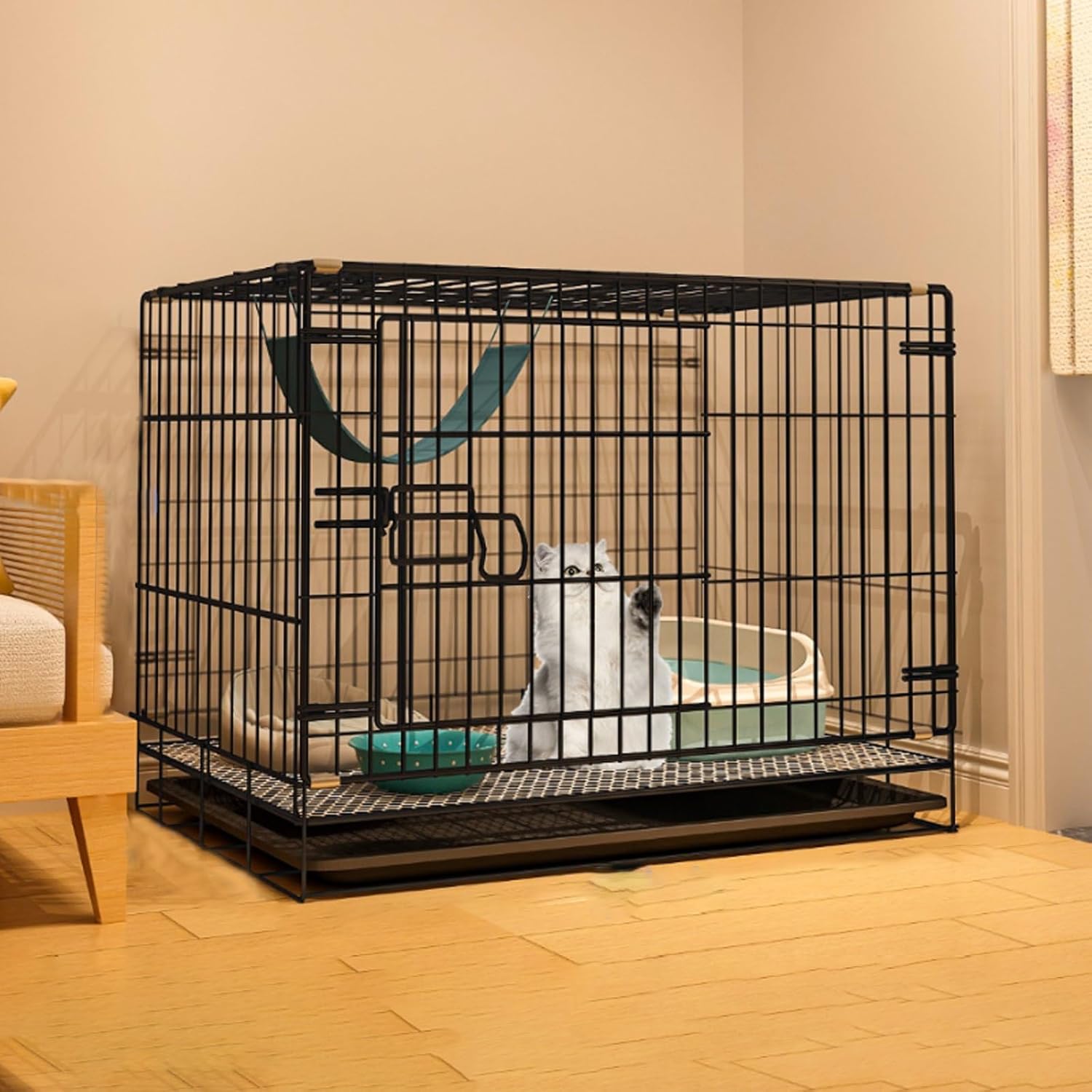 Pet Playpen with Waterproof Base, Cat Crate for Small Animals, Cat Cages Indoor Large with Litter Tray Rabbit Playpen Encrypted Metal Material, Convenient and Easy to Clean (A 83 * 58 * 69Cm)