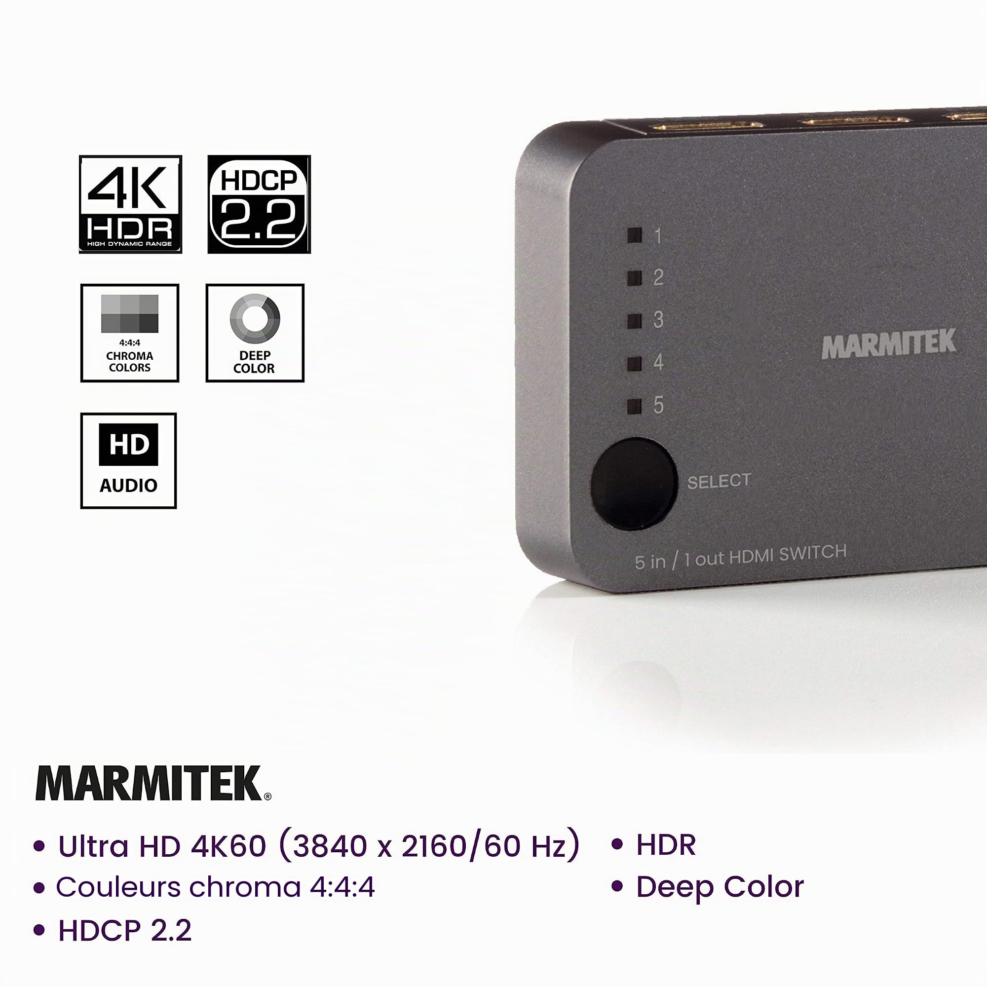 Marmitek Connect 350 UHD 2.0 - Switch HDMI 4K60 5 entrées 1 Sortie HDR