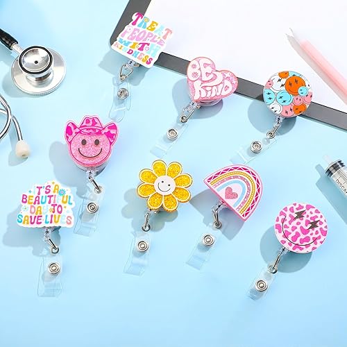 Miniatura 4 de Remuuly Carrete retráctil de 8 piezas para identificación de enfermera, con purpurina, diseño de vaca, niño, margarita, sonrisa, carretes