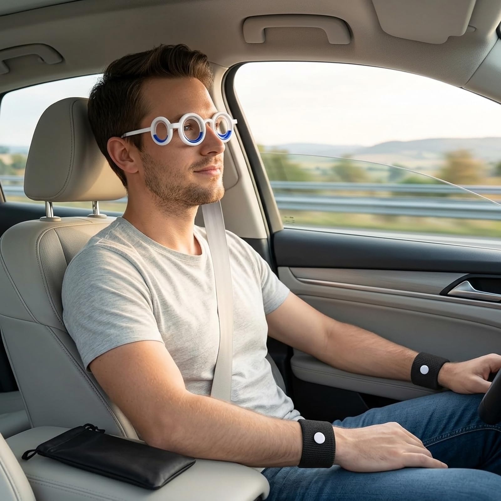 Brille Gegen Reiseübelkeit, 4-Teiliges Set Mit Trageetui Und Akupressurarmbändern, Ideal Für Autofahrten, Flugreisen Und Schifffahrten, Leichtes Design Für Langen