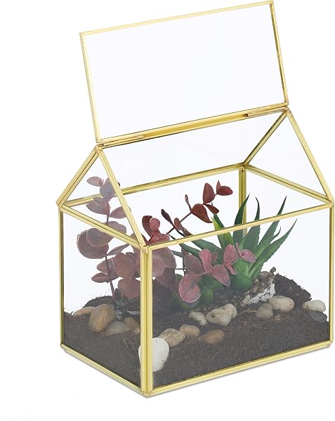 Relaxdays Terrarium roślinne, szkło i miedź, wys. x gł.: 15 x 15 x 10 cm, dekoracyjny szklany domek kaktusy i mech, szklana skrzynka na parapet, kolor złoty